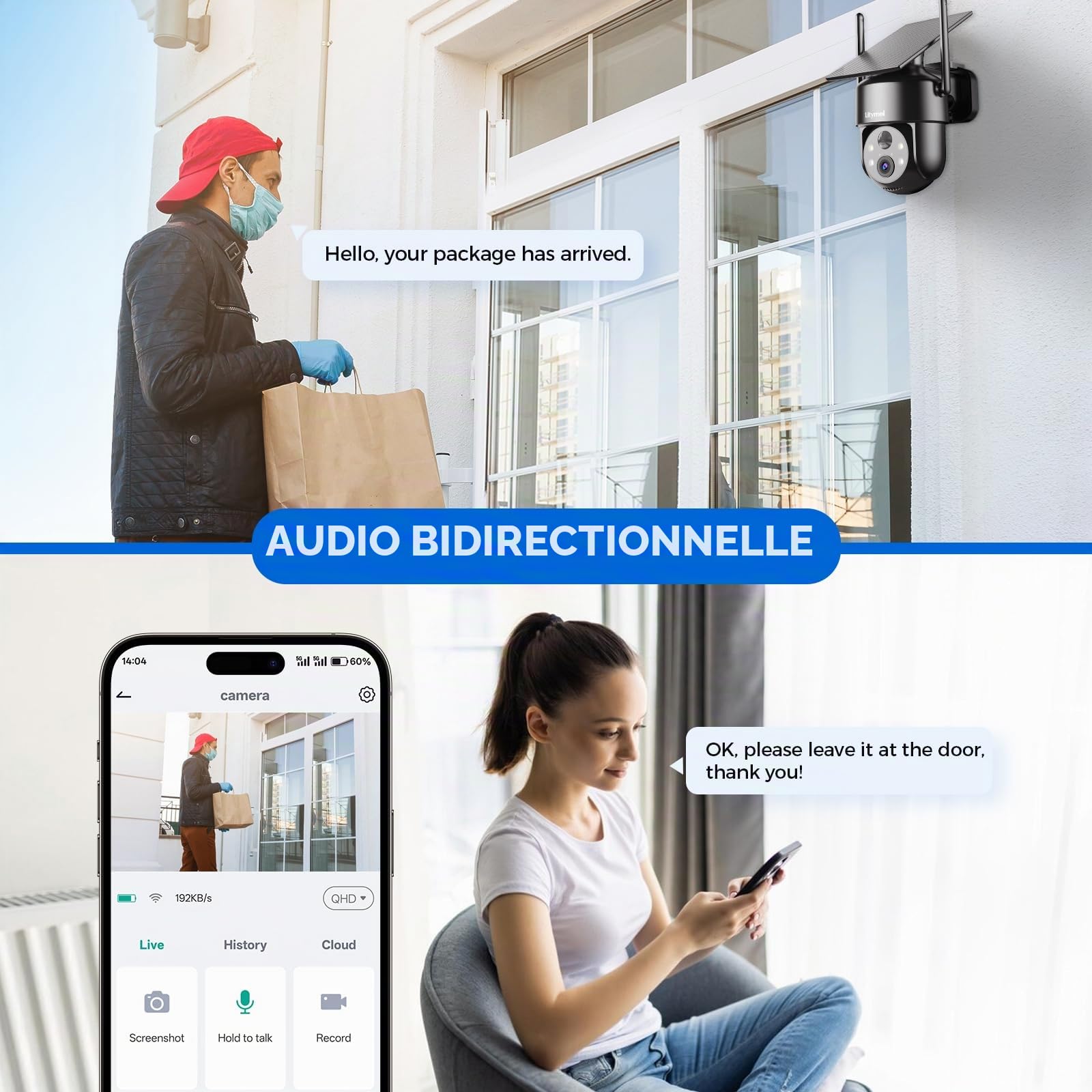 LITYMOL Caméras de sécurité WiFi 2K 2,4 g sans fil pour l'extérieur, vue à 360 °, caméras solaires pour la sécurité de la maison, vision nocturne en couleur, détection de mouvement, audio