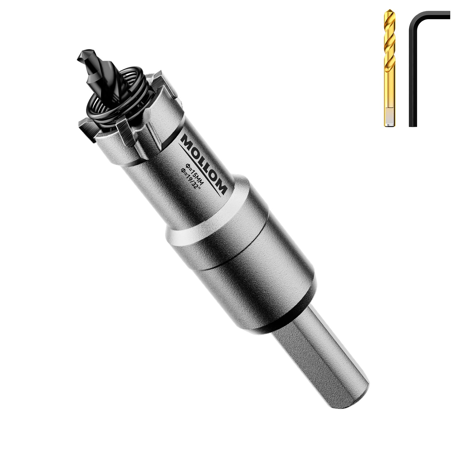 Mollom (19/32" | 15mm) Heavy Duty Carbide Hole Saw with 2 Pilot Drill Bits, Hole Cutter cuts Stainless Steel, mild Steel, Iron, Copper, Brass, Plastic