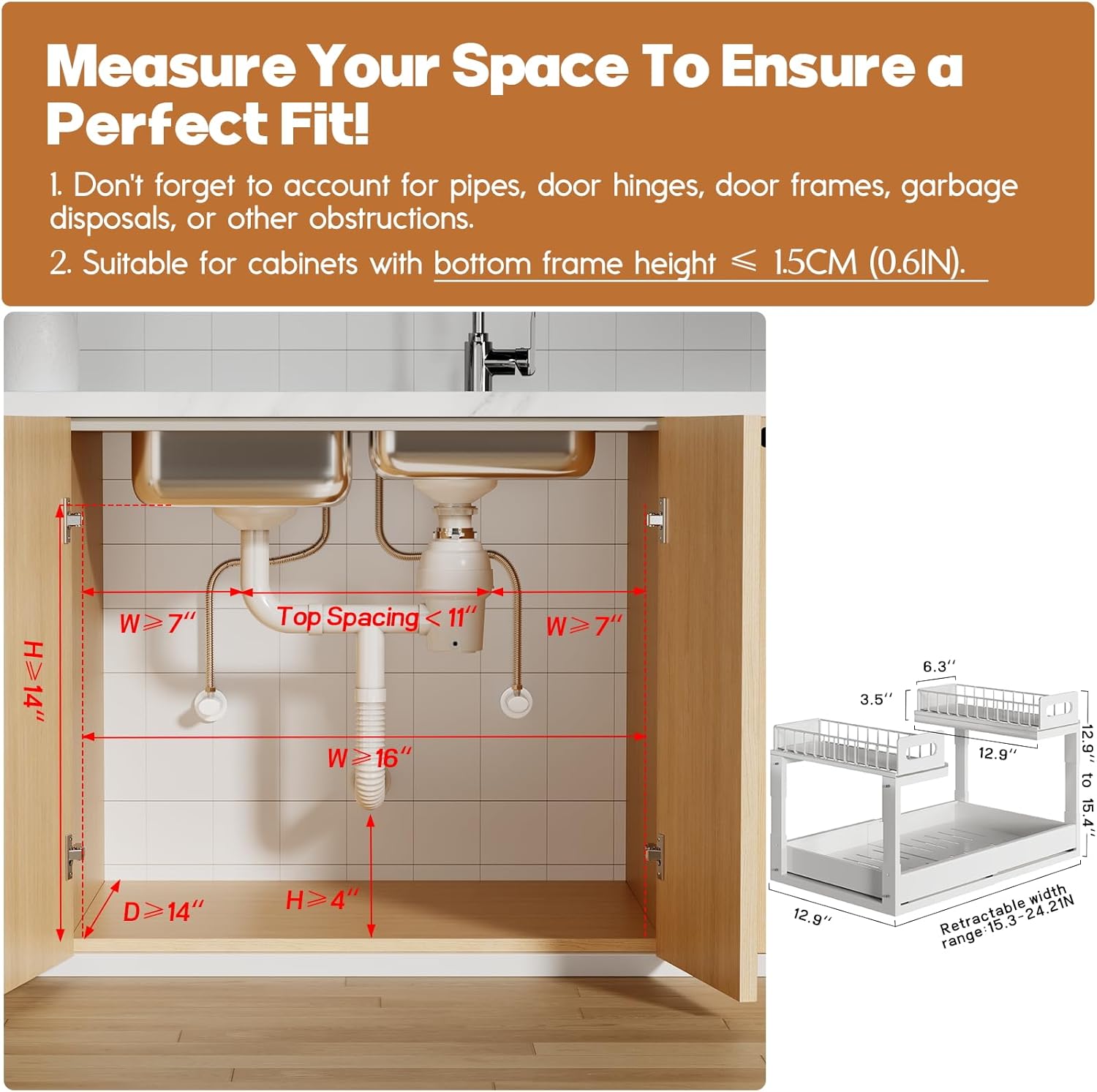 1 Pack Expandable Under Sink Organizers Storage With Upgrade Ball-Bearing Slide Tracks,2-Tier Pull Out Under Cabinet Organizer Height Adjustable,Not Suitable For Cabinets With Partitions In The Middle - Image 3