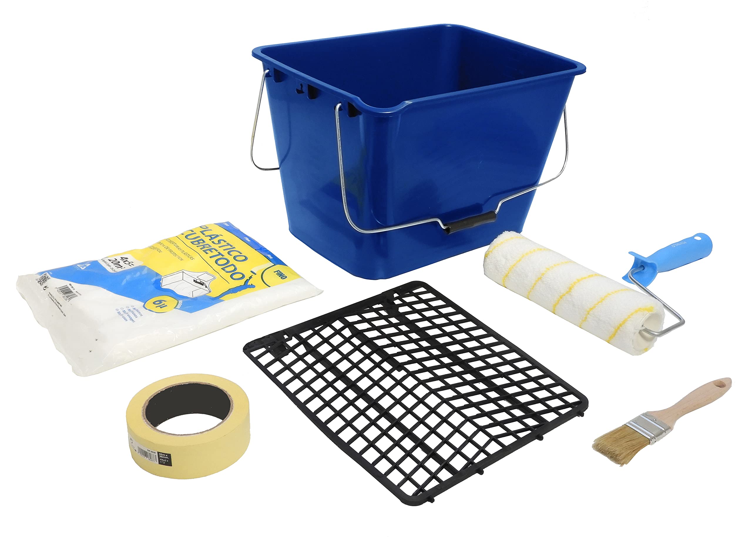 Kit Especial APLICACION Pintura Interior - Rodillo de Pintura Antigoteo Calidad Profesional con Cubeta, Cinta, Cubretodo y Pincel - 5 Piezas