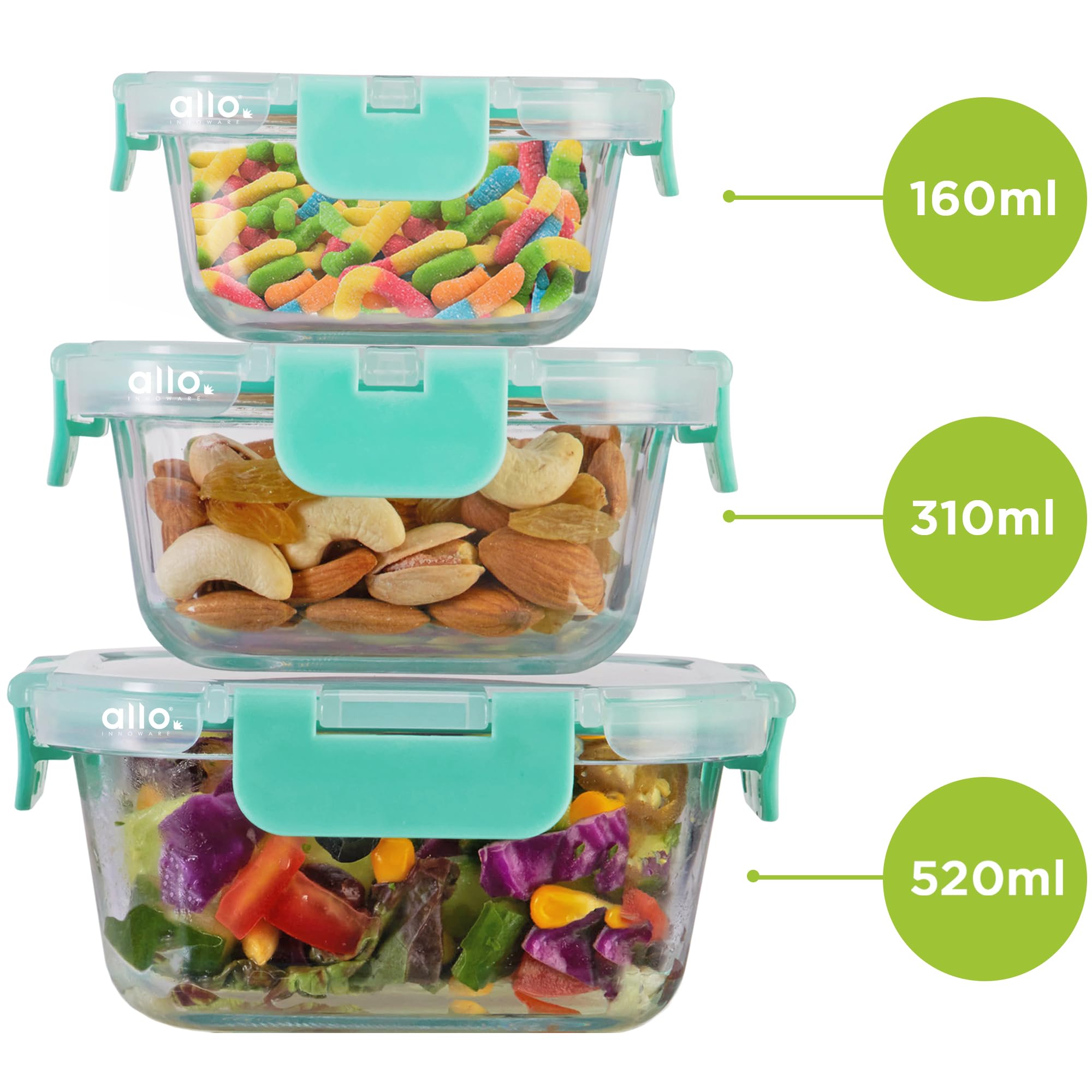Allo Recipientes de vidrio seguros para alimentos con tapas, recipientes aptos para microondas, recipientes de vidrio de borosilicato para preparación de alimentos para cocina, juego de 3 recipientes
