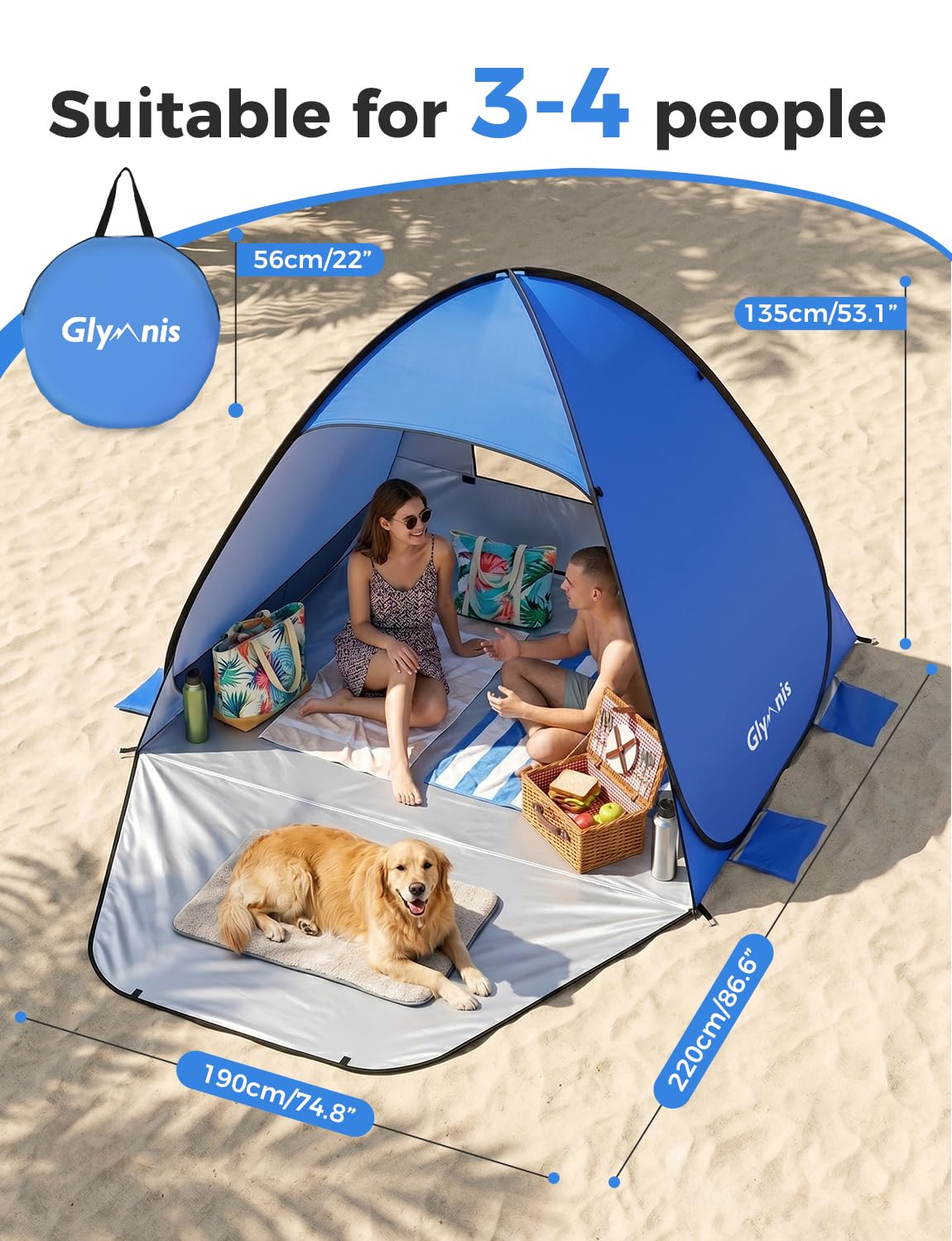 Glymnis Tenda da Spiaggia Pop-up UPF 50+ per 2-4 Persone con Cerniera Istantanea e Borsa