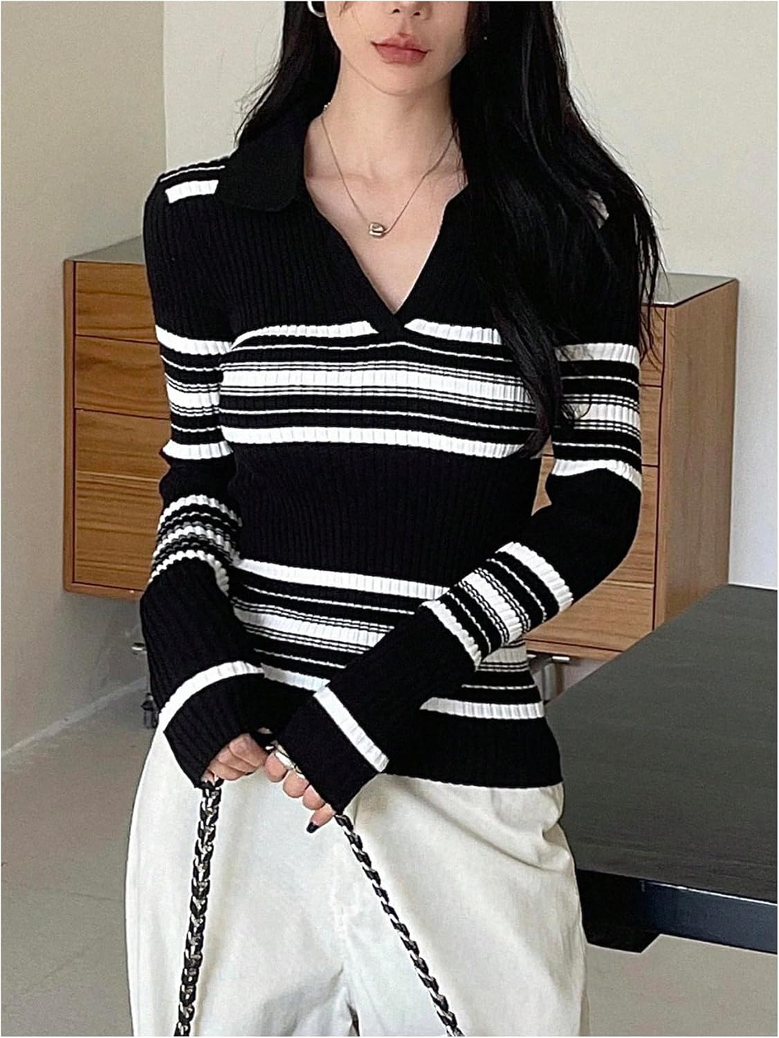 OYOANGLE Women's Collared V Neck Striped Sweater Long Sleeve Ribbed Fitted Pullover Knit Tops - Image 4