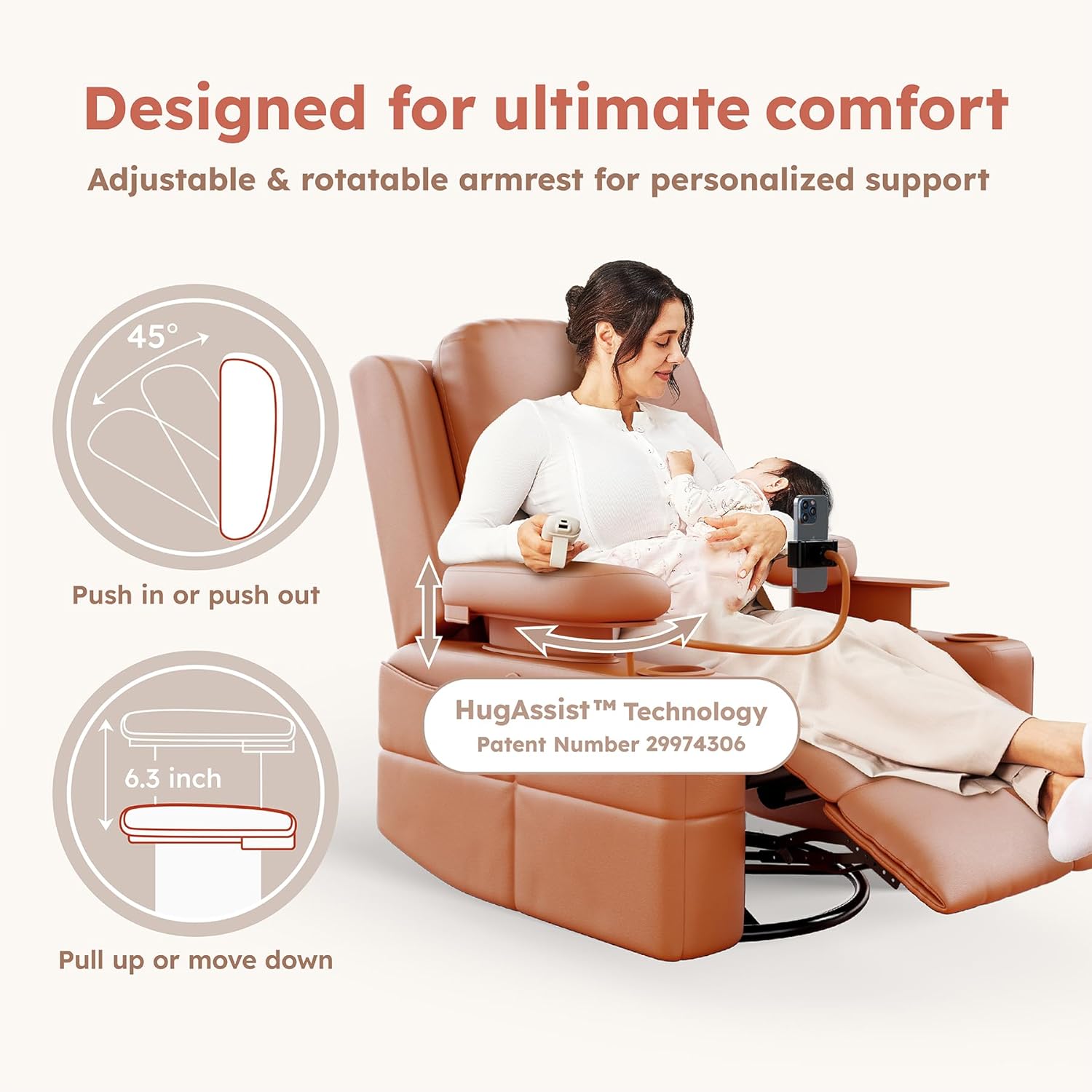 Hand wiping the silicone leather material of the MAMAZING nursing chair, demonstrating its easy-to-clean, stain-resistant, and waterproof properties.