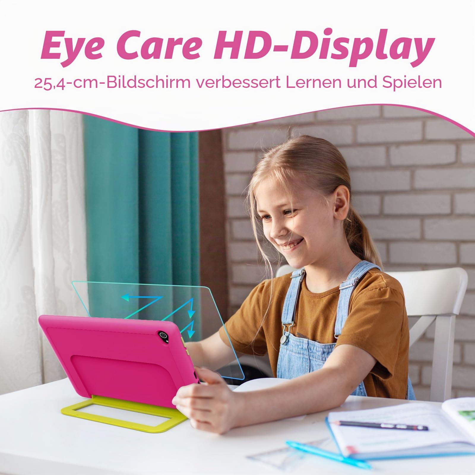 10 Zoll Kinder Tablet mit Hülle, Android Tablet für Kinder 3-12 Jahren, 14GB+64GB (1TB TF Expand), Octa Core CPU, 1280 * 800 HD Display, WiFi 6, BT5.3, Dual Kamera Tablets Tab Pad, Rosa