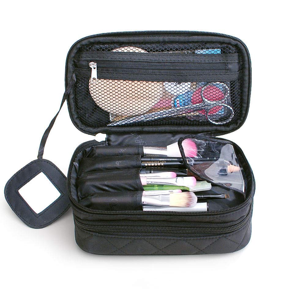 Doble capa de nylon de la señora bolsa de cosméticos impermeable maquillaje bolso herramientas organizador bolsa lavado inodoro - negro