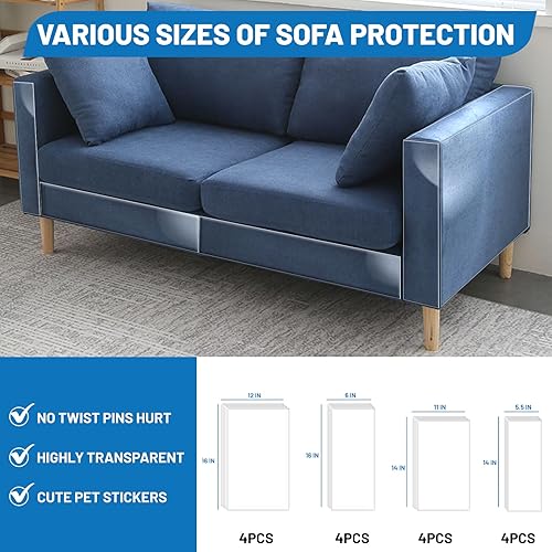 Miniatura 7 de Sin pines protector de muebles Eosarcu para gatos, paquete de 16 protectores de sofá de un solo lado contra garras de gato, protector de sofá
