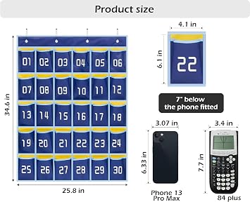 MISSLO Classroom Cell Phone Calculator Holder Numbered 30 Pockets Chart Hanging Wall Door Storage Organizer (Blue)