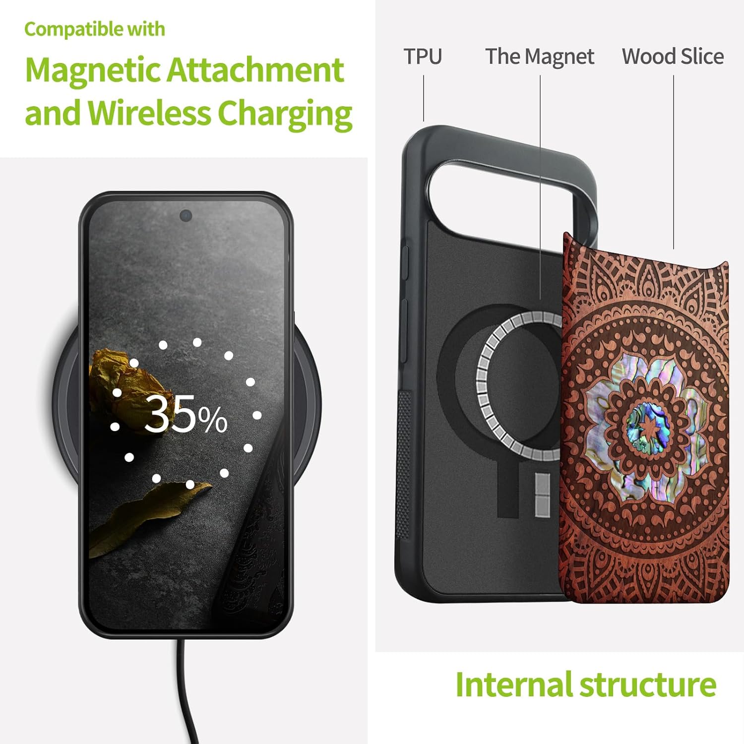 Carveit Magnetic Wooden Case for Pixel 10 / Pixel 10 Pro Case, Wood Artisan Engraved & Handmade Shell Inlaid, Compatible with MagSafe Wireless Chargers, Mandala Pattern - Rosy