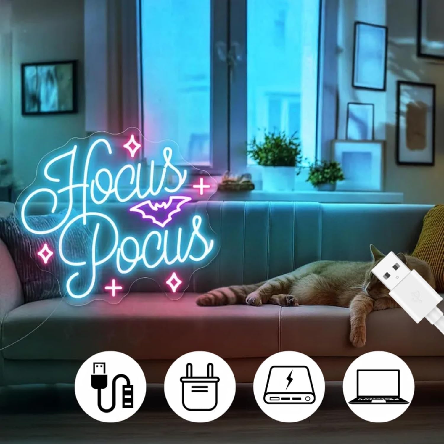 Hocus Pocus Neon Sign, Halloween Decor Wall, Bat Wall Decor Sign, Spooky Neon Light, Gothic Lover Gift,Dark Gothic Wall Art, Witch Decor,Halloween & Home Ambiance, Gift For Boys