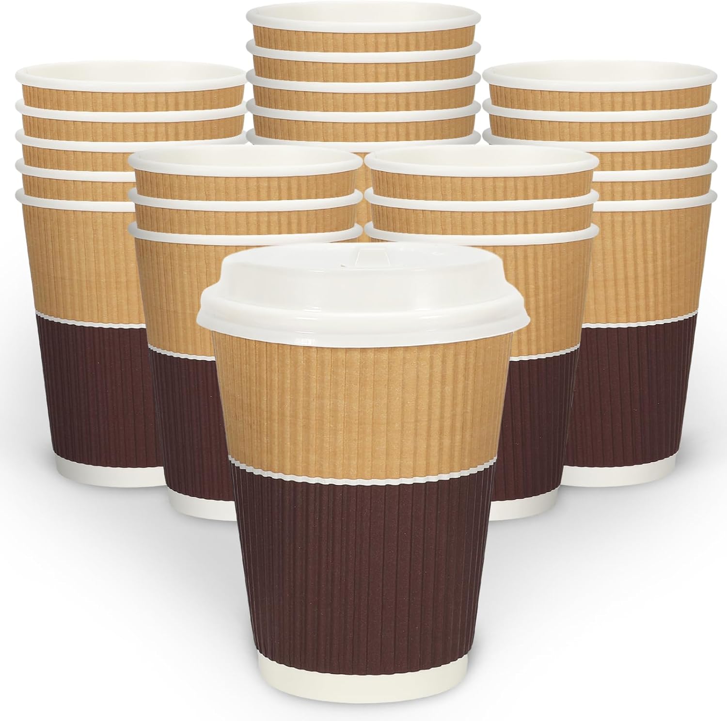 JarThenaAMCS 100 Pcs Fall Disposable Coffee Cups with Lids 12 Oz Brown White Paper Cups Corrugated Ripple Wall Insulated Hot Cups for Home Office Party Supplies