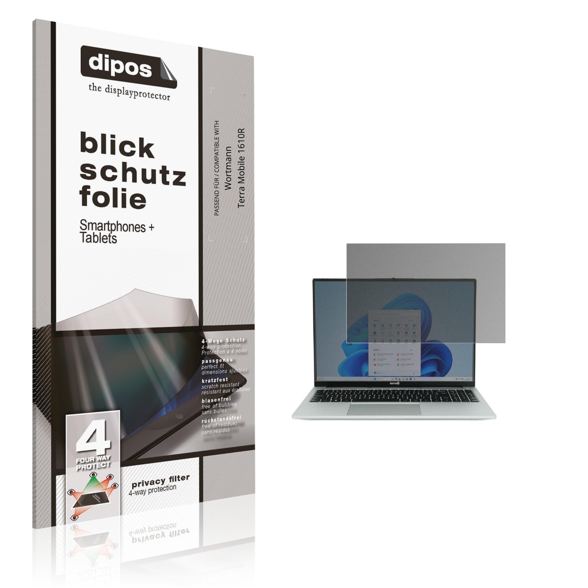 dipos Protector de Pantalla Antiespía para Wortmann Terra Mobile 1610R | Película protectora mate, filtro de privacidad 4 vías, ajuste perfecto, antiarañazos, sin burbujas, autoadhesivo