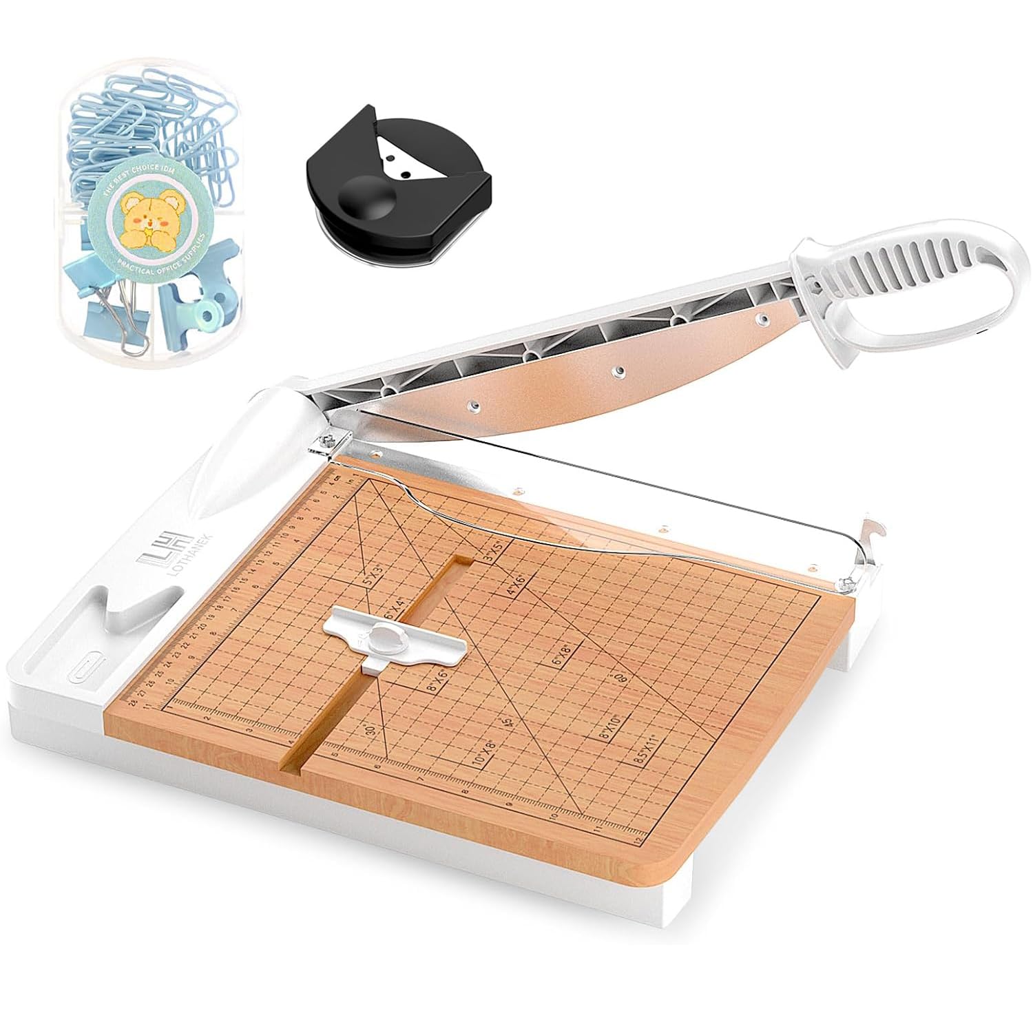 12 Inch Wood Guillotine Paper Cutter, Heavy Duty Wood Base Paper Trimmer with 32 Sheets Paper Cutting Board for Classroom, Crafting, Cardstock, Art Projects (White)