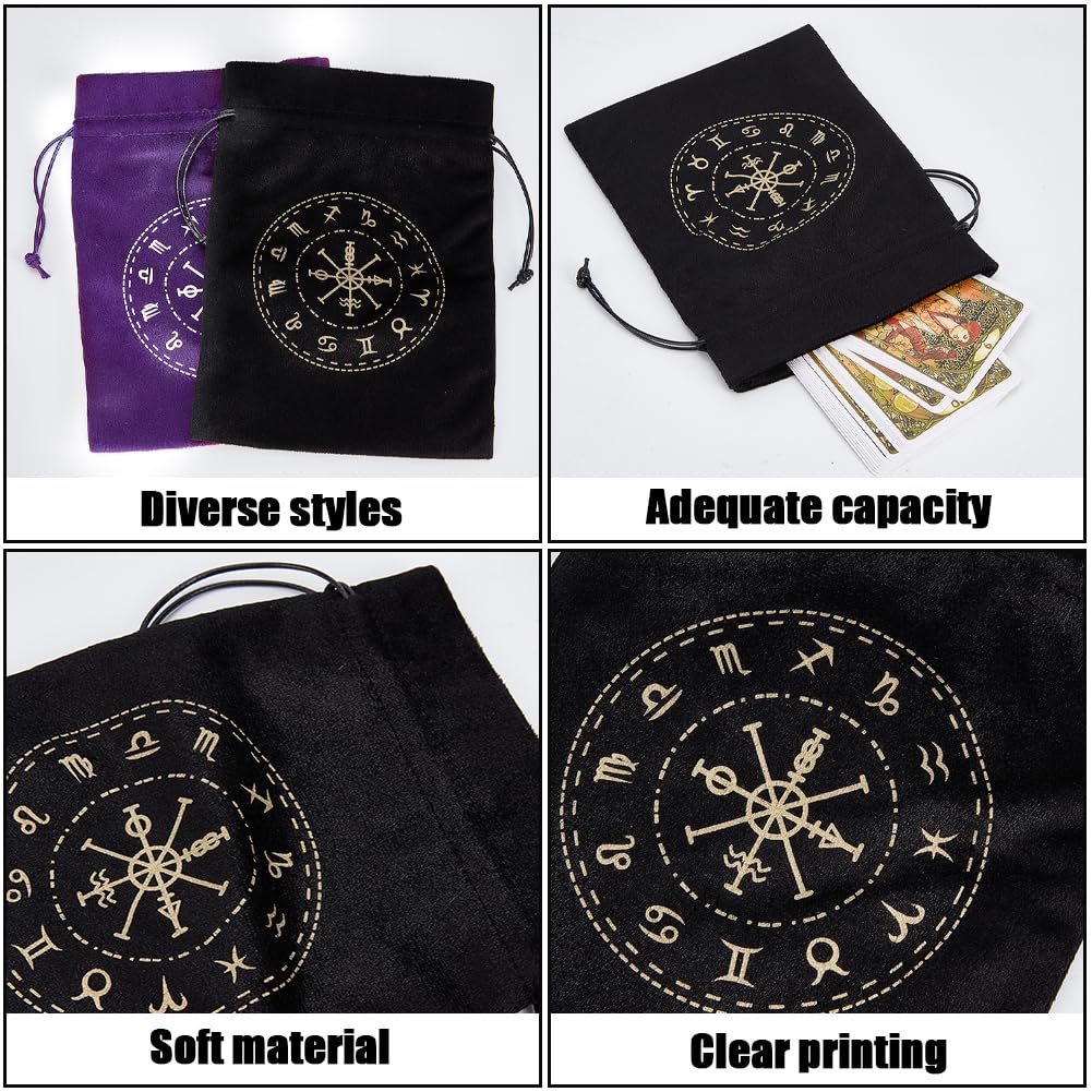 CREATCABIN 2 Bolsa Tarot Terciopelo Almacenamiento Tarjetas Tarot,12 Bolsas Constelaciones,Soporte para Runas con Cordones,Embalaje Grande para Cartas Tarot,Joyería Cristal,Dados,18x13cm,Negro Morado