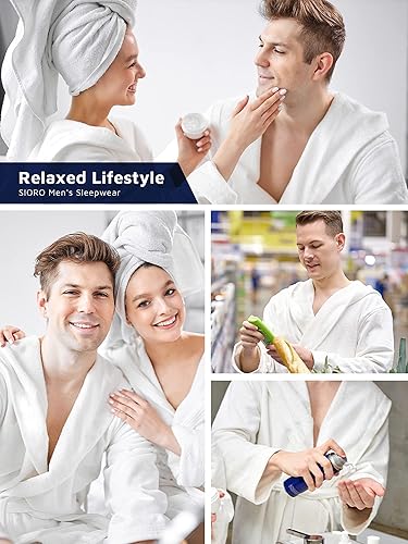 Miniatura 6 de SIORO Mens Terry Cloth Robe Cotton Hooded Bathrobe Towel Soft Fluffy Long Sleeves Bath Robes Knee Length Housecoat