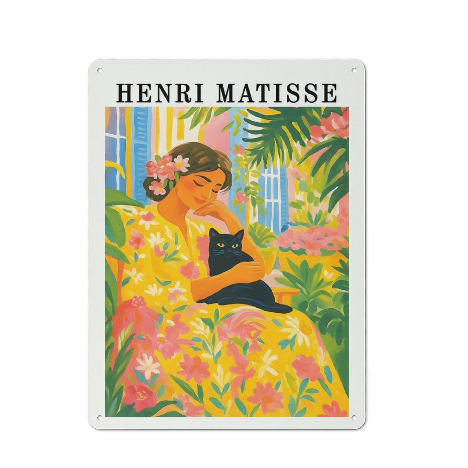 Retro Metal Wall Plaque 40x30cm Featuring Henri Matisse Woman with Black Cat, Room Wall Plaque for Hallway, Home Bar, Garage Or Study