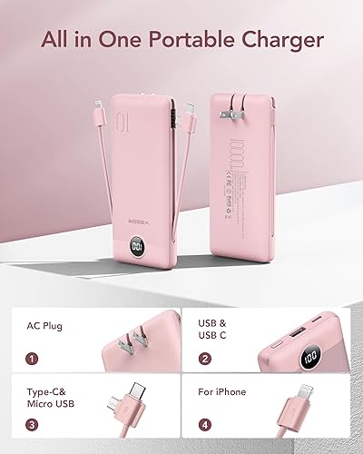 Miniatura 2 de VEGER Cargador portátil con enchufe de CA integrado y cables, todo en uno de 10000 mAh ultra delgado, batería de viaje, batería de carga rápida de