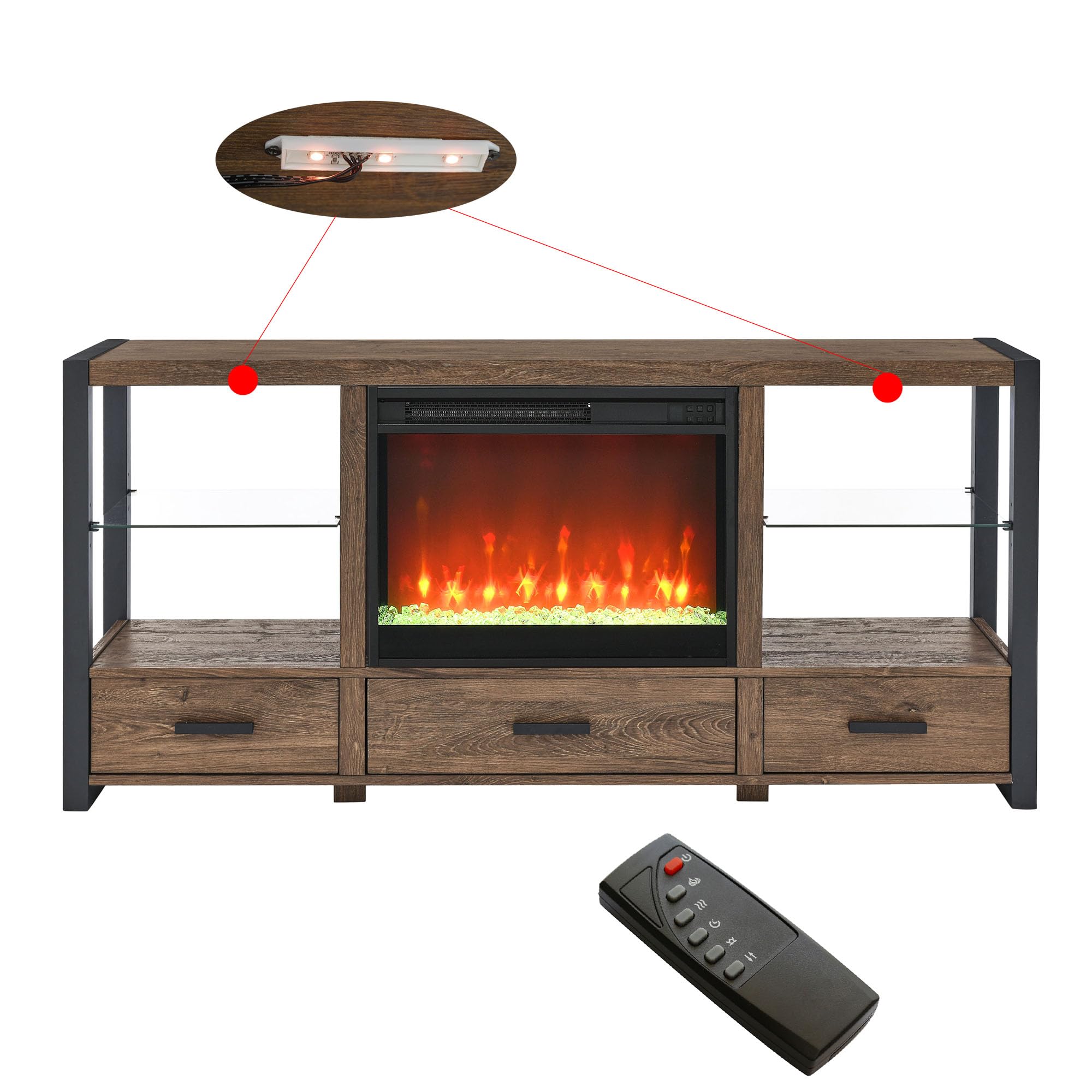Rehosgd Entertainment Center Electric Fireplace Tv Stand 60 Inch with Remote and Heater Fireplace Tv Console for Tv Up to 70 Inch Tv with Led Light,Open Shelf Drawers for Living Room (Barnwood)