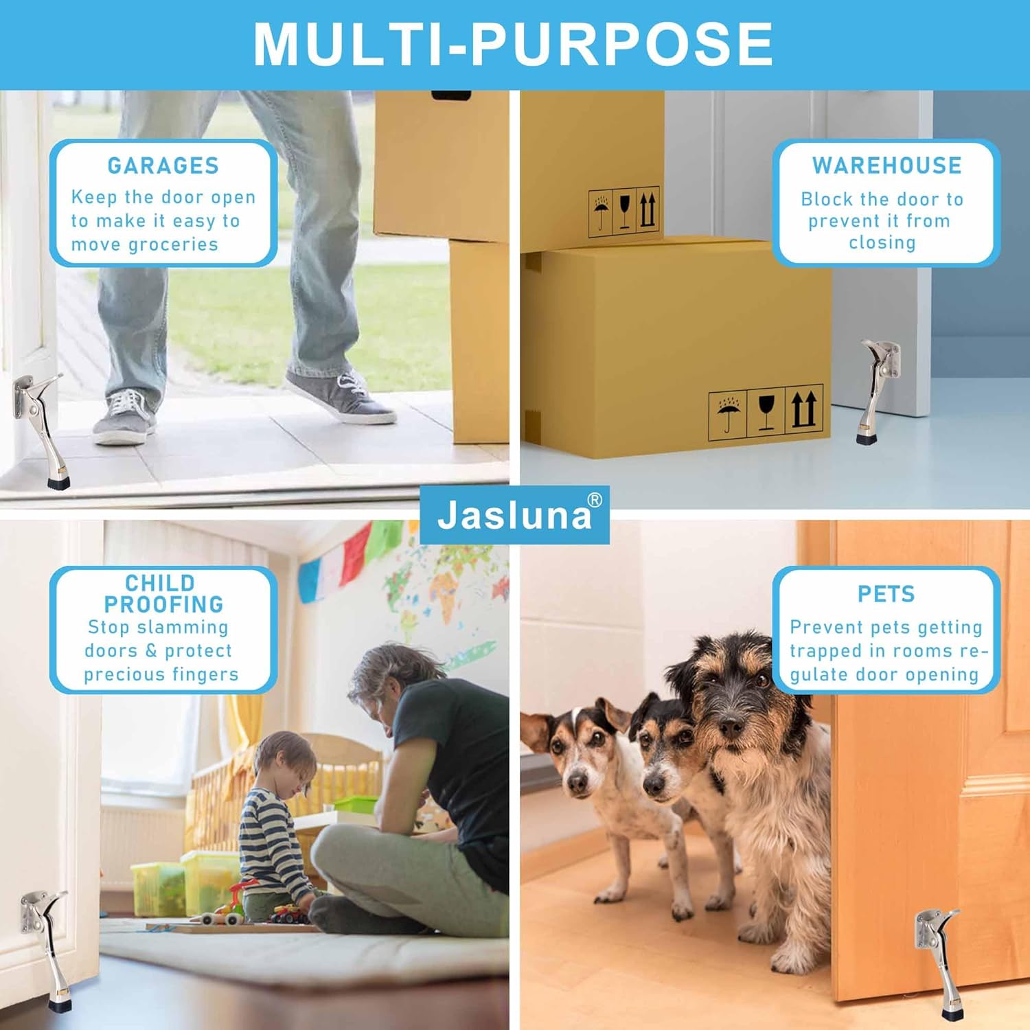 Kickdown Door Stopper, Heavy Duty One Touch Door Stop for Bottom of Door, Easy Height Adjustable with Anti-Slip Rubber Tip, Metal Door Holder (4 Inch,Satin Nickel, 4-Pack)