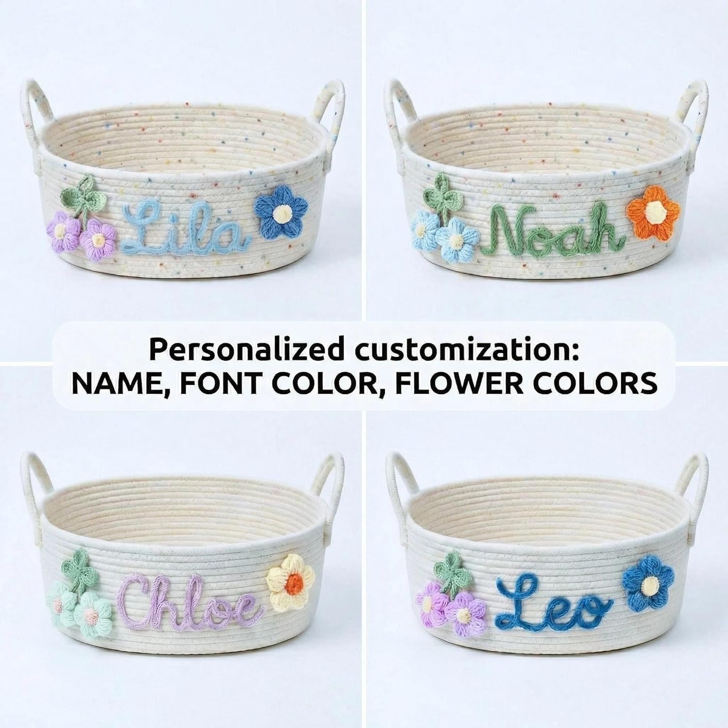 Personalized Basket with Name, Custom Cotton Rope Storage Bin for Home Organizer, Nursery Keepsake or Diaper Caddy, Gift for Mom Grandma New Parents