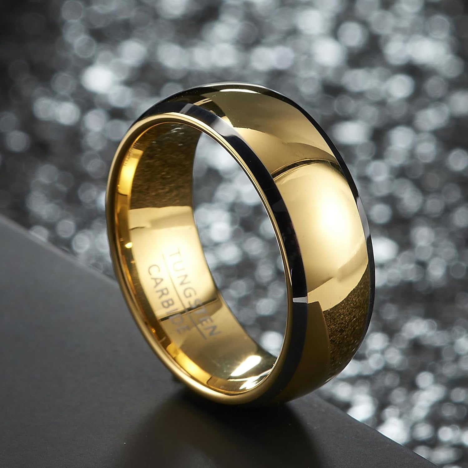 Tungsten Wedding Band for Men and Women, 8mm Wide Curved Comfort Fit Ring with Silver Trim - Image 4