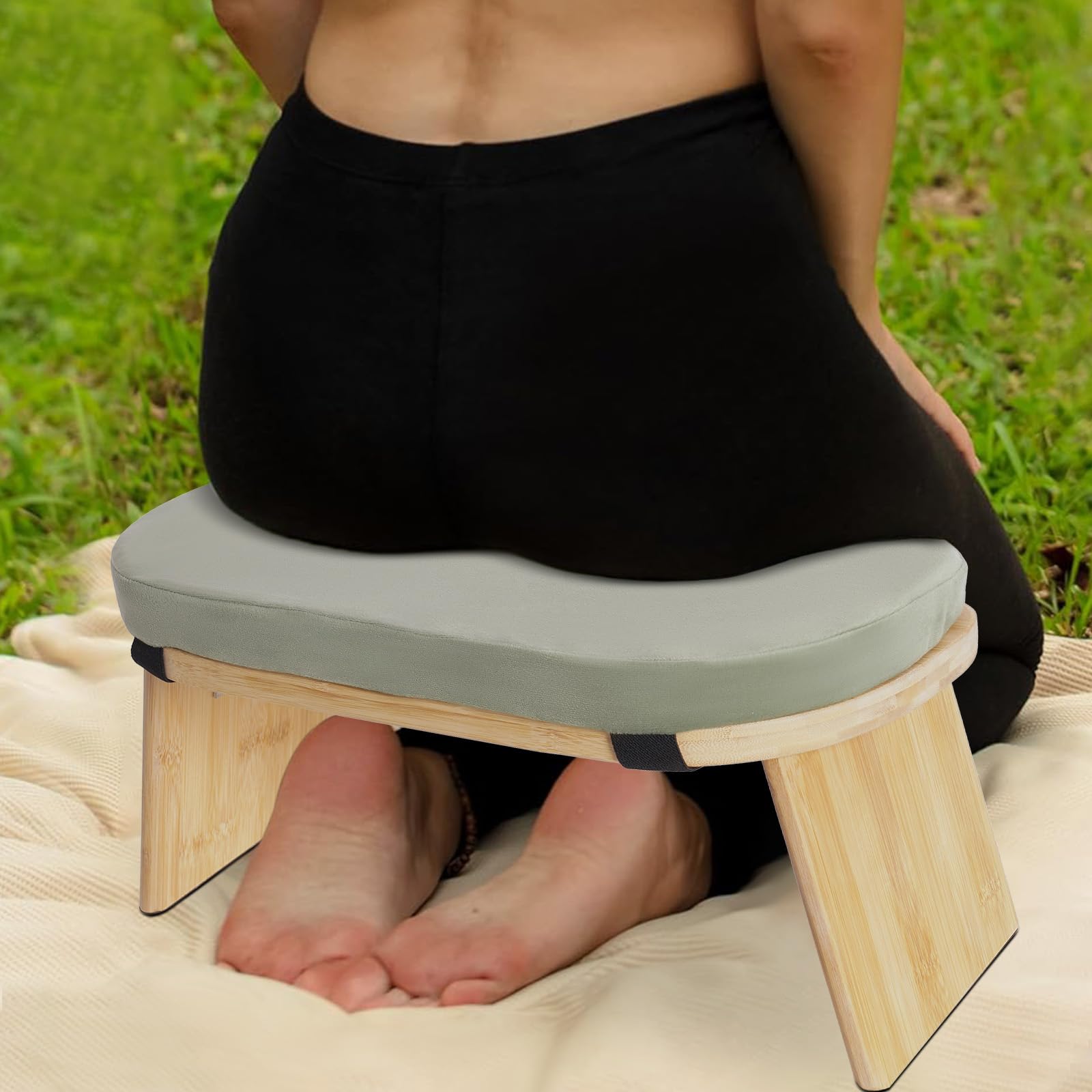 Banc de méditation pliable en bambou - Tabouret de méditation - Tabouret de prière avec coussin de méditation pour la méditation et la pratique du yoga - Accessoire de yoga - Vert