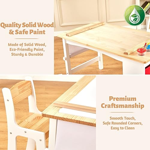 Miniatura 3 de FUNLIO Juego de mesa de arte y 2 sillas de madera para niños, mesa de manualidades para niños con gran almacenamiento y rollos de papel para edades
