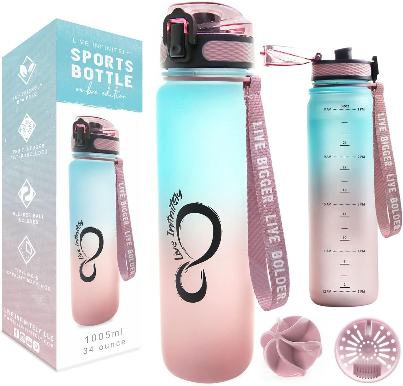 Live Infinitely 34 oz Gym Water Bottle with Time Marker - Fruit Infuser Screen BPA Free 1 Liter Water Bottle - Locking Flip Top Lid & Durable Travel Bottle Coating (Cotton Candy 34oz