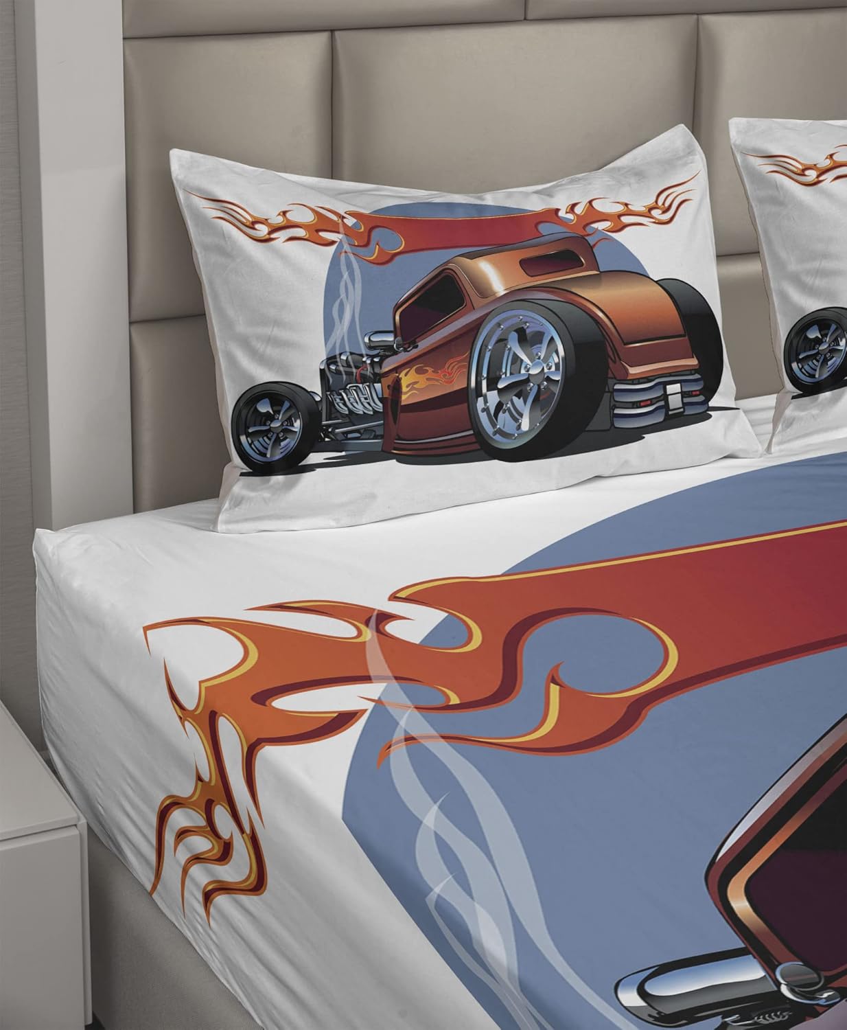 Ambesonne Cars Sheet Set, Cartoon Hot Rod Antique Customized Classical American Engine Nostalgia Revival, Fitted and Flat Sheet with Pillowcases Bedding Accent 4 Piece Set, Queen, Orange Blue Black
