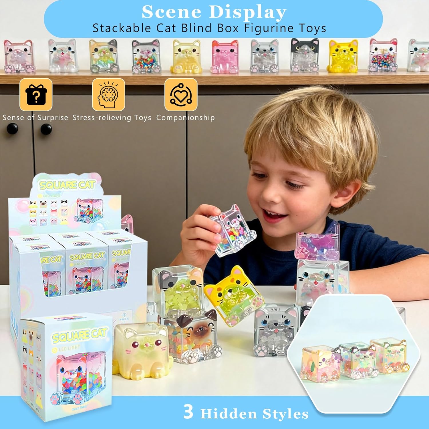 Square Cat Series Blind Box-12 Glow in The Dark Mystery Cube Cat Figures, Cute Collectible Vinyl Toys, Kawaii Desk Decor for Cat Lovers, Birthday