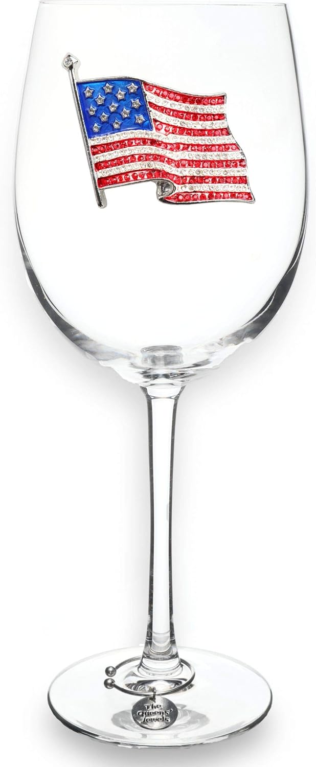 THE QUEENS' JEWELS American Flag Jeweled Stemmed Wine Glass, 21 oz. - Unique Gift for Women, Cute, Fun, Fourth of July, Not Painted, Decorated, Bling, Bedazzled, Rhinestone