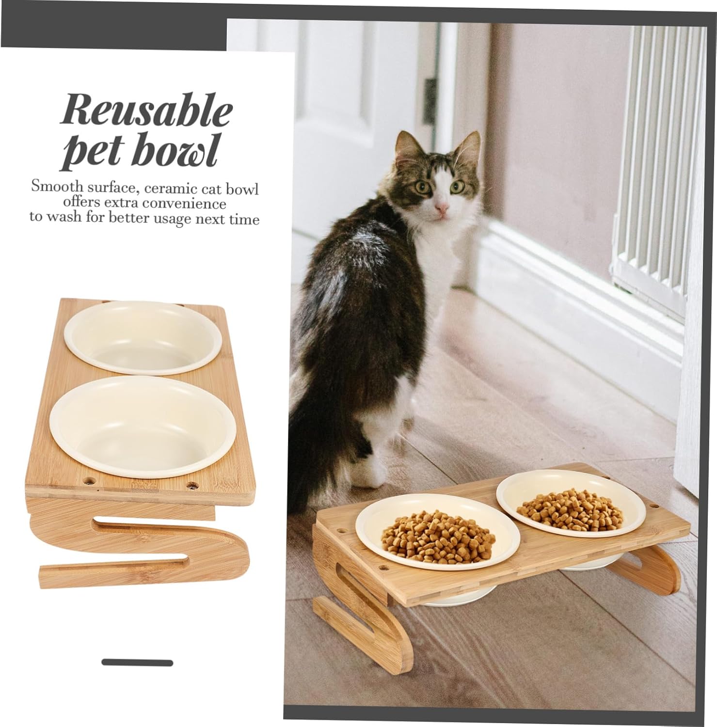 Elevated Cat Feeding Bowl Tilted Ceramic Pet Bowl Wood Rack Capacity for Cats Dogs No-Slip Base Easy to Clean
