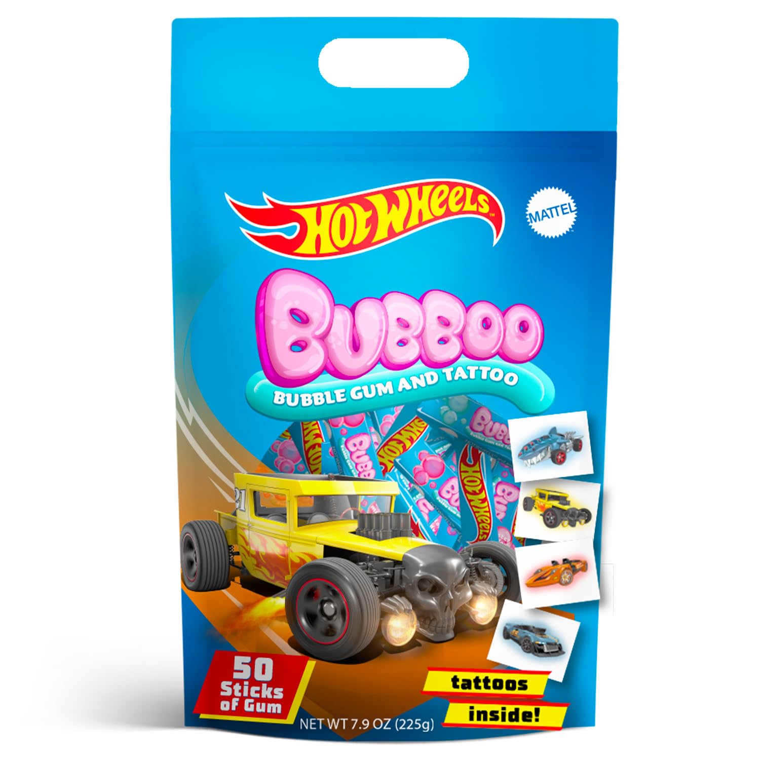 Hot Wheels Juego de goma de mascar y tatuajes temporales – Bubboo con 50 piezas de chicle en 5 sabores y 50 tatuajes temporales para niños, paquete de recuerdos de fiesta de Hot Wheels