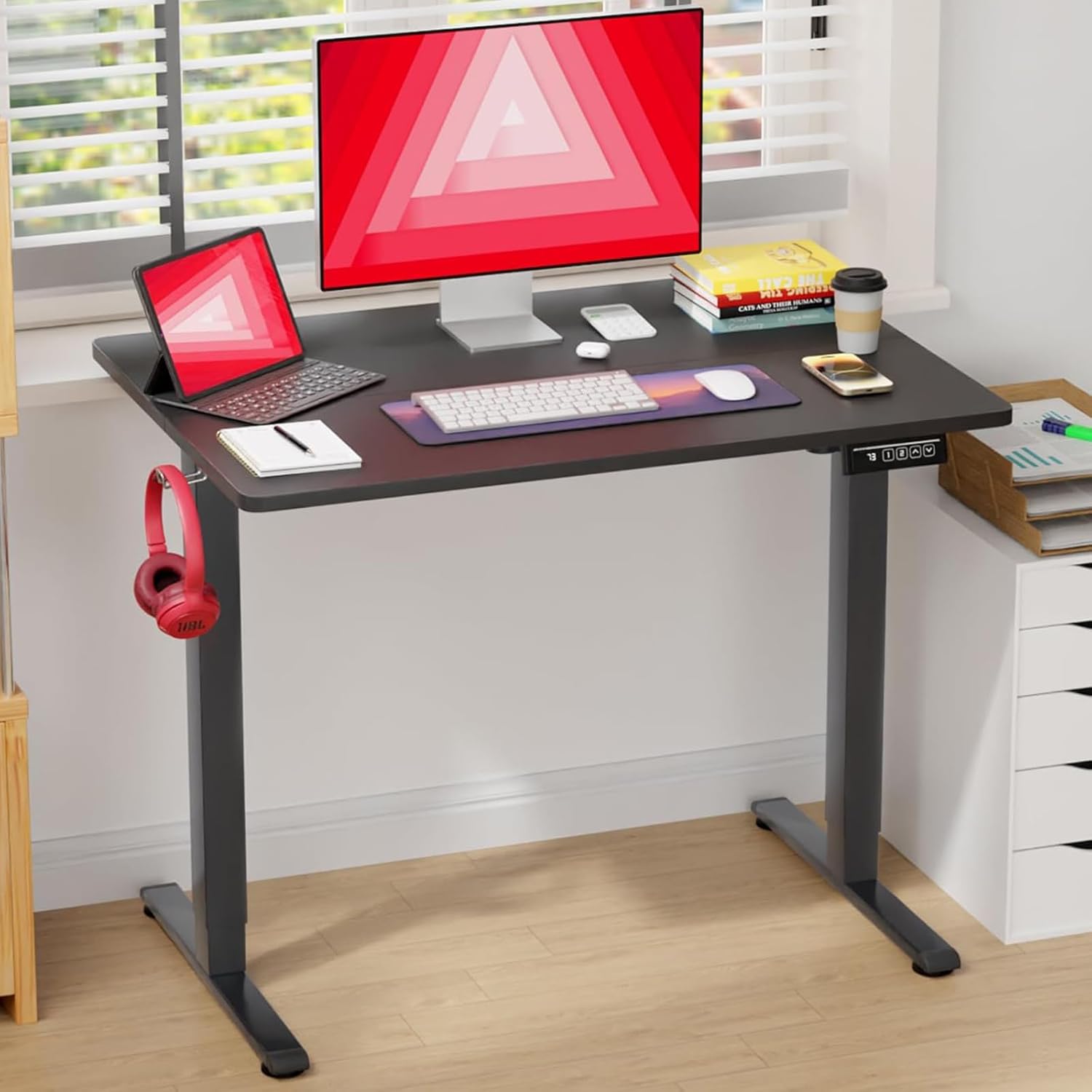BLKMTY Electric Standing Desk 24"x55" Adjustable Height Computer Desk for Home Office - Ergonomic Sit Stand with Headphone Hook, 20db Noiseless Lifting for Adults, Black