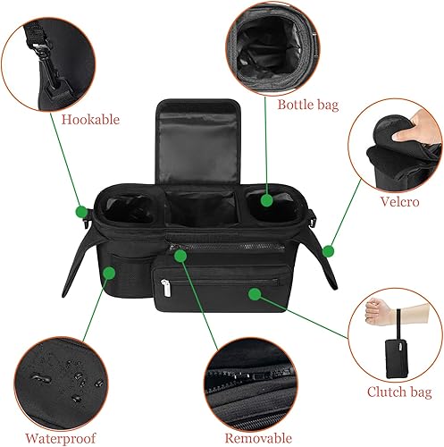 Miniatura 2 de HOINCO Organizador universal para cochecito de bebé, con portavasos aislado elevado, bolsa de teléfono desmontable, correa para el hombro y bolsa de
