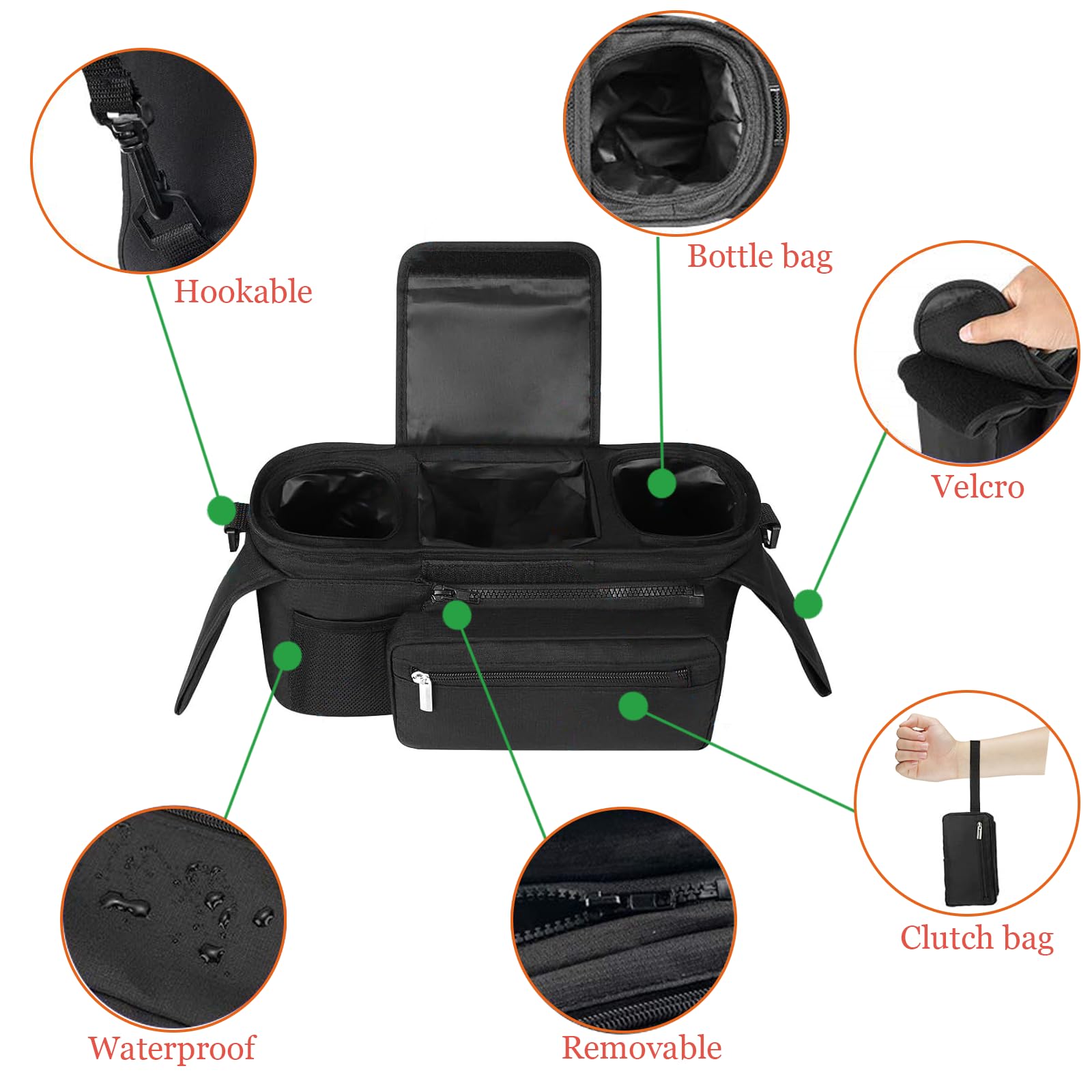 Momcozy Organizer per Passeggino, Pram Bag Organizer Multifunzione Carrozzina Buggy Storage Bag con Tasca Staccabile, Tasca per Cellulare, 2 Portabicchieri e Tracolla Organizer per Passeggino, Nero