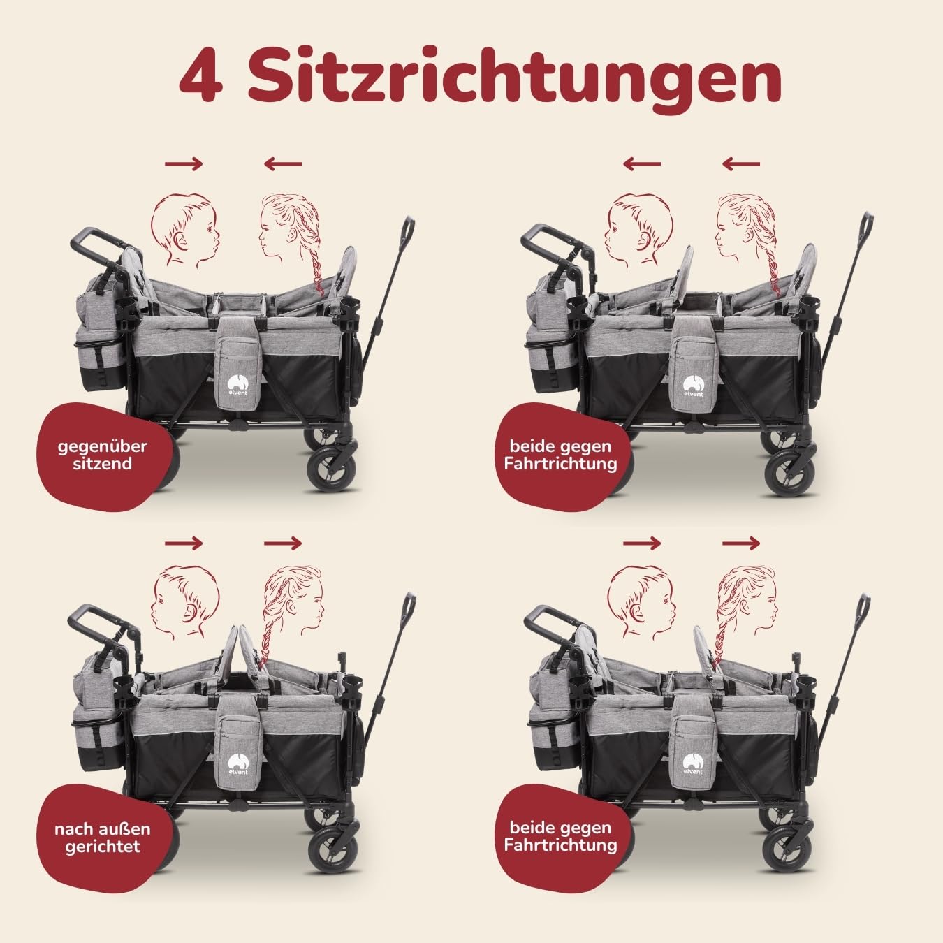 elvent® ComfortPlus 2 Sitzer Bollerwagen - Handwagen faltbar mit Dach I Feststellbremse, PU-Reifen, 5-Punkt-Gurt I für 2 Kinder (grau)