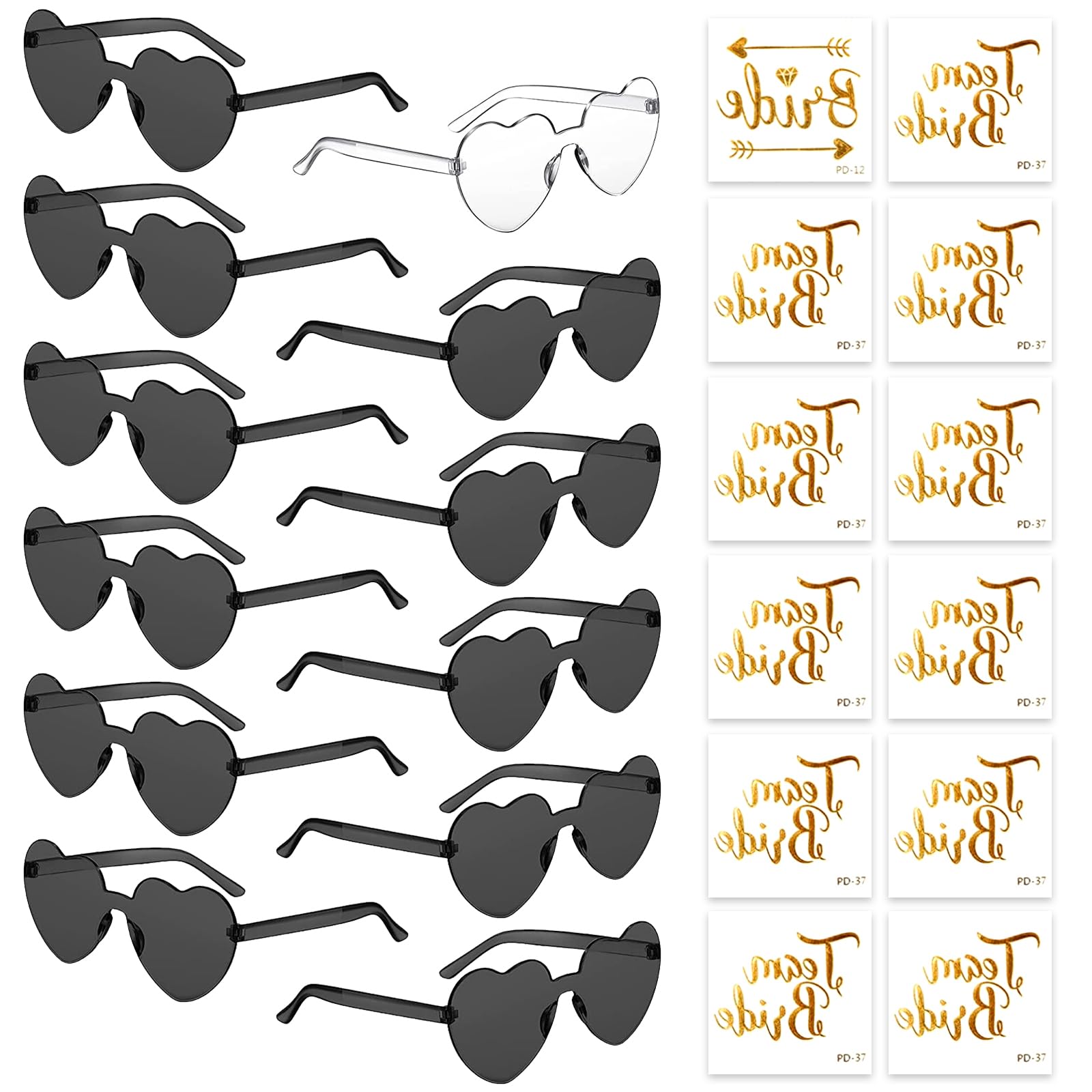 HIQE-FL Herz Sonnenbrille,12 Stück Herz Sonnenbrille Damen,Hippie Herzförmige Brille,Hippie Gläser,mit Tattoo Aufkleber,Randlose Herz Brille,für Geburtstagsfeiern