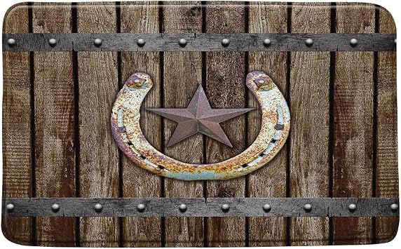 Rustic Farmhouse Bath Mat Rusty Horseshoe Texas Star on Old Barn Wooden Garage Door Vintage Western Country Cabin Brown Microfiber Memory Foam Bathroom Decor Mat Non Slip Backing 16X24 Inch