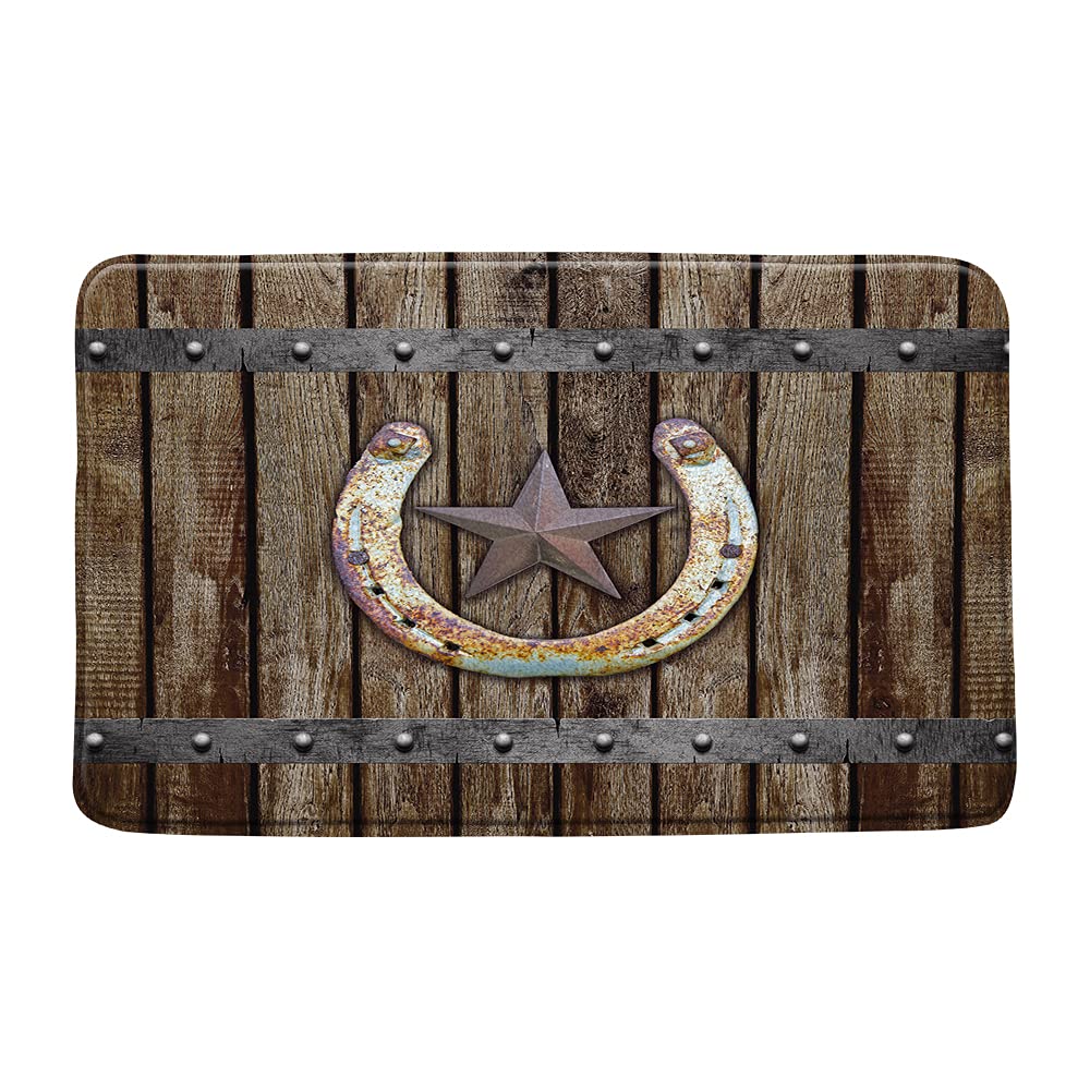 Rustic Farmhouse Bath Mat Rusty Horseshoe Texas Star on Old Barn Wooden Garage Door Vintage Western Country Cabin Brown Microfiber Memory Foam Bathroom Decor Mat Non Slip Backing17.7X29.5Inch