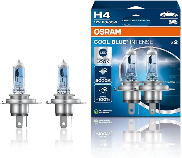 Lámpara H4 OSRAM COOL BLUE INTENSE: +100% Brillo, 5000K, Aspecto LED