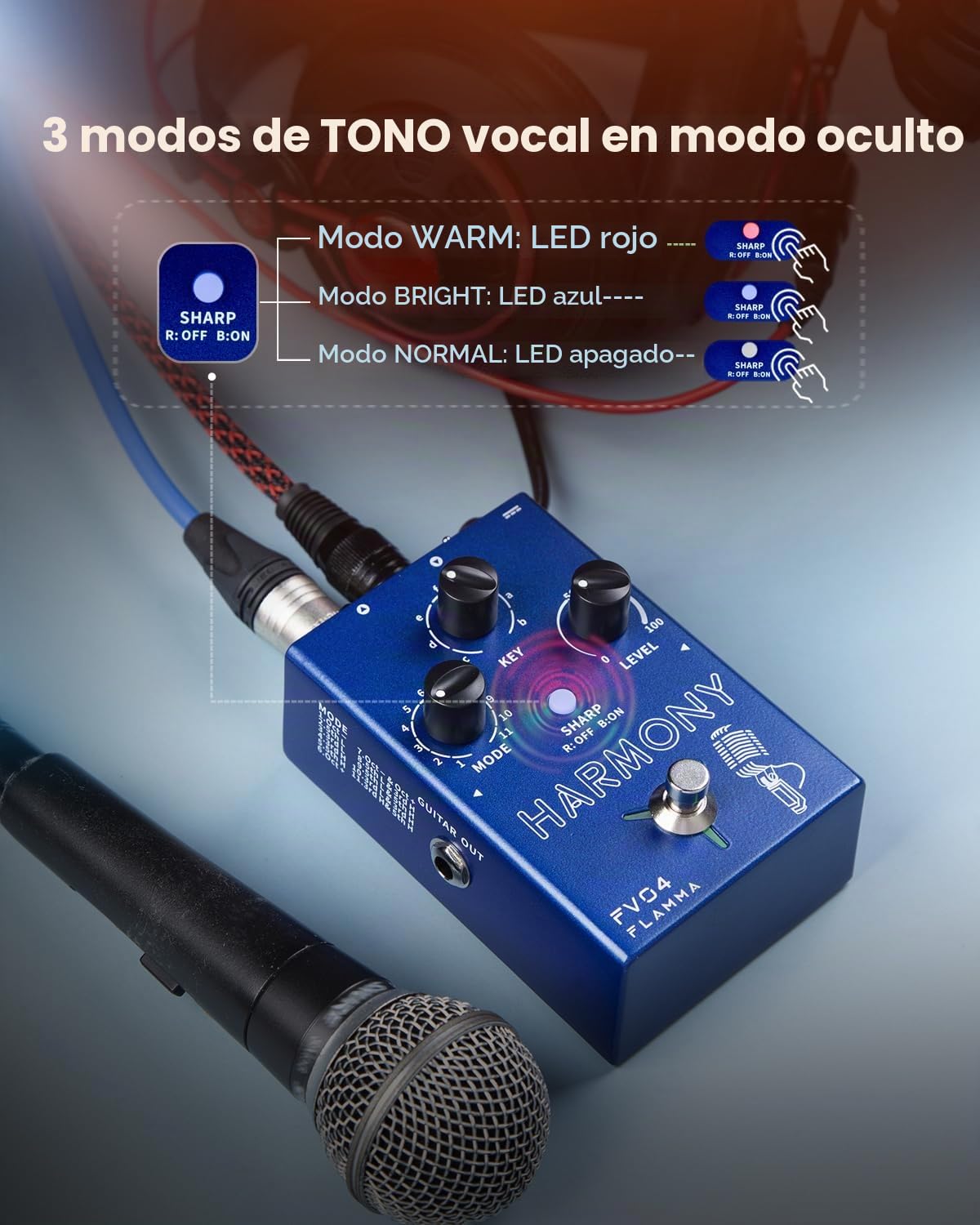 FLAMMA Pedal de armonía vocal FV04, procesador de efectos vocales, armonizador de micrófono de voz Stompbox con reverberación, 12 tonos con 11 modos de armonía diferentes, todo en uno para grabación