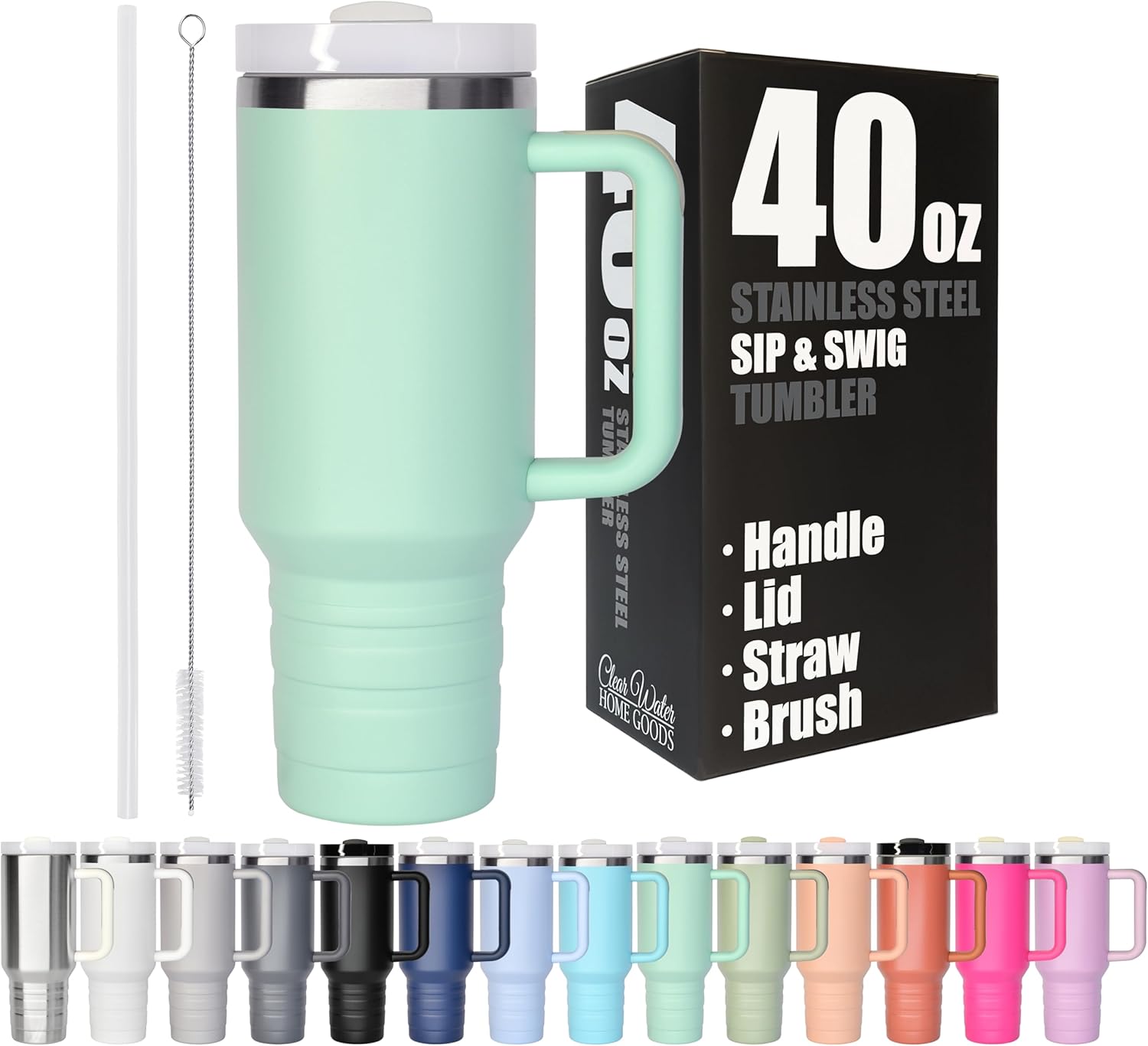 40oz Tumbler with Lid and Straw - Reusable Double Wall Insulated Stainless Steel Water Bottle and Coffee Cup to Keep Hot and Cold Beverages for Hours, Travel Mug, Fits in Cupholder - Seafoam Green