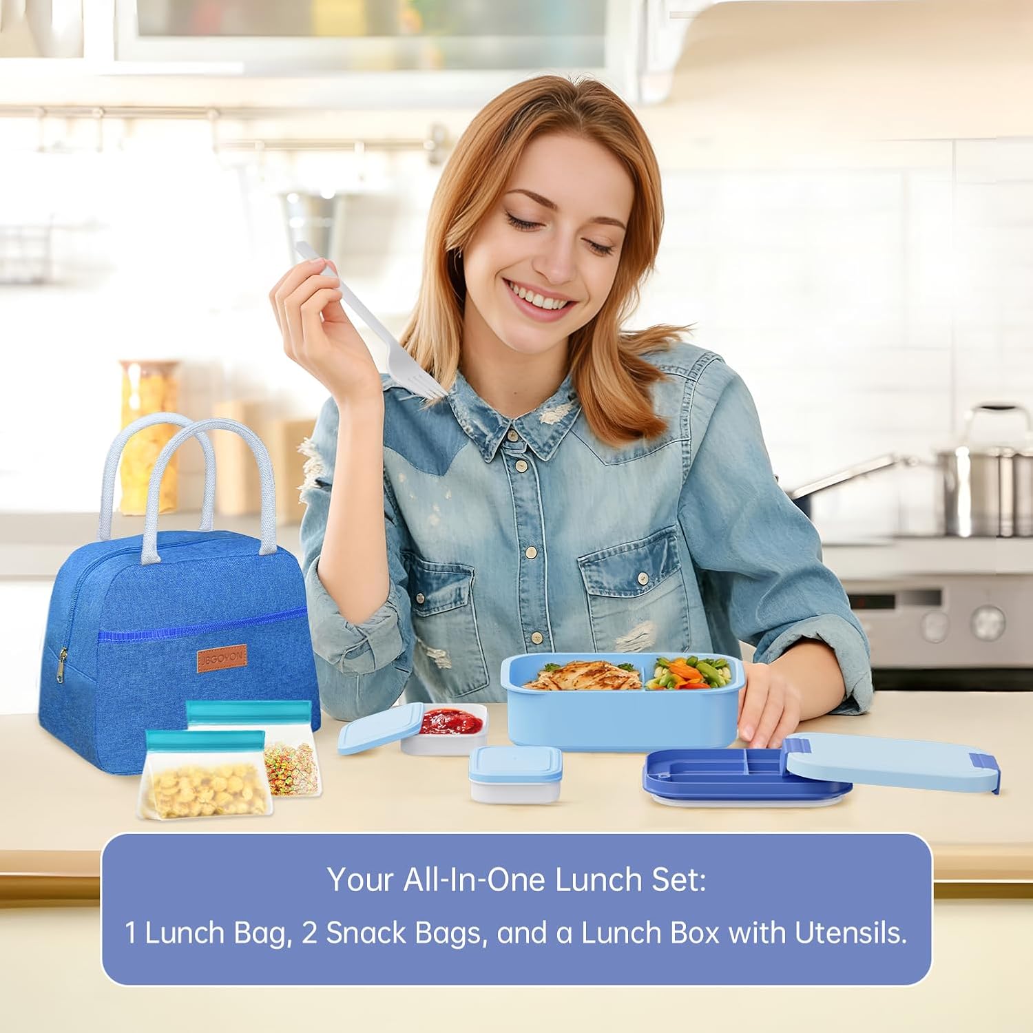 JBGOYON Bento Box and Lunch Bag Set, Leak-Proof Lunch Box for Adults and Kids with Built-in Utensils, Insulated for Work School Travel, Microwave & Dishwasher Safe, All-in-One (Blue)