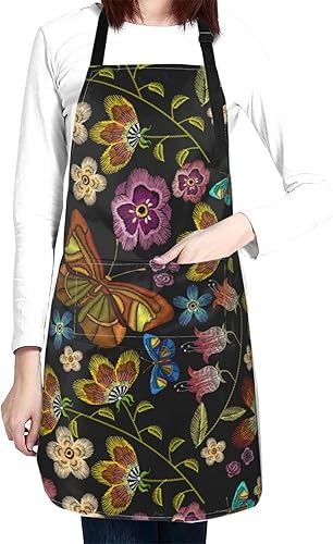 Perinsto Delantal impermeable con 2 bolsillos delantales de chef de cocina baberos para cocinar hornear pintura jardinería aseo Mariposas y
