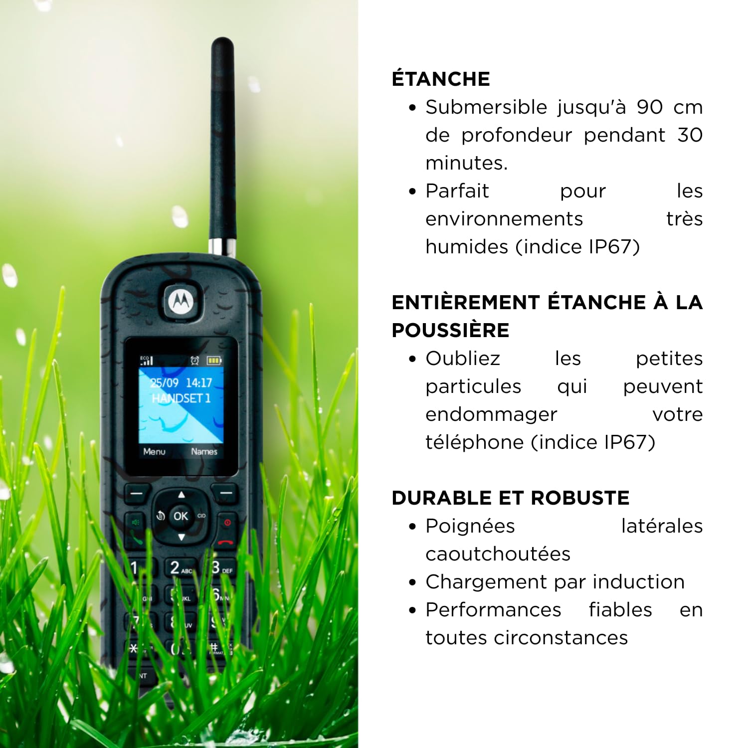 Motorola - Téléphone fixe sans fil DECT O201, identification de l'appelant, rétroéclairage, répertoire téléphonique de 200 numéros, mains libres, idéal pour une utilisation en extérieur, noir