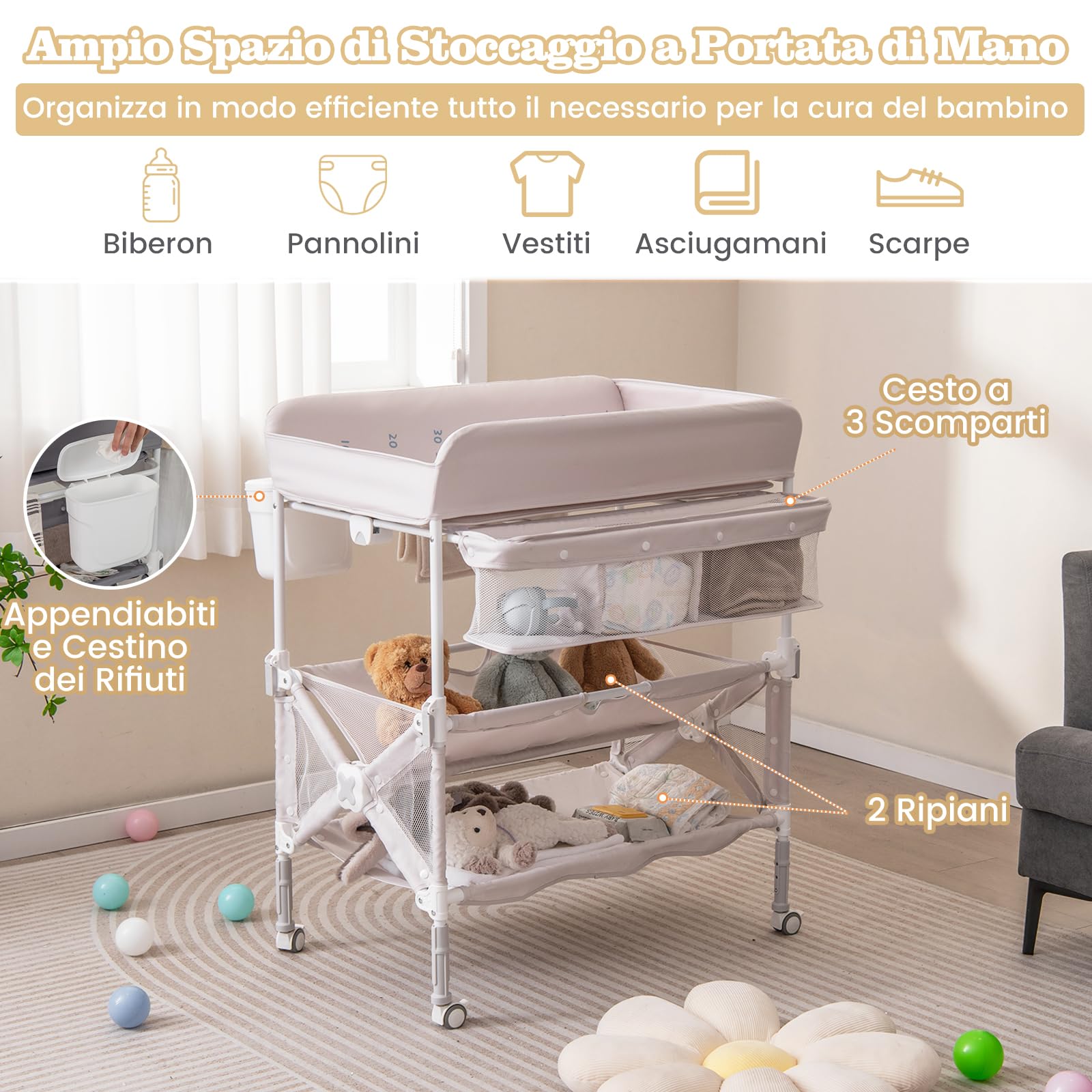 RELAX4LIFE Fasciatoio Pieghevole per Neonati, Fasciatoio Portatile con Cestino Laterale e Porta Asciugamani, Altezza Regolabile e Ruote Bloccabili, per Cameretta dei Bambini (Naurtale)