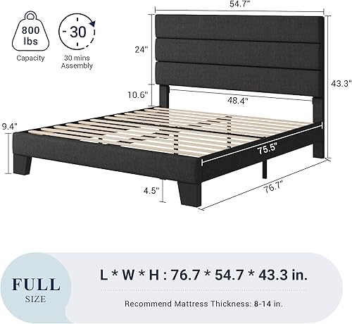 Miniatura 12 de Allewie - Base de cama tamaño King con cabecera tapizada en tela y soporte de listones de madera; base de colchón completamente tapizada; no Azul
