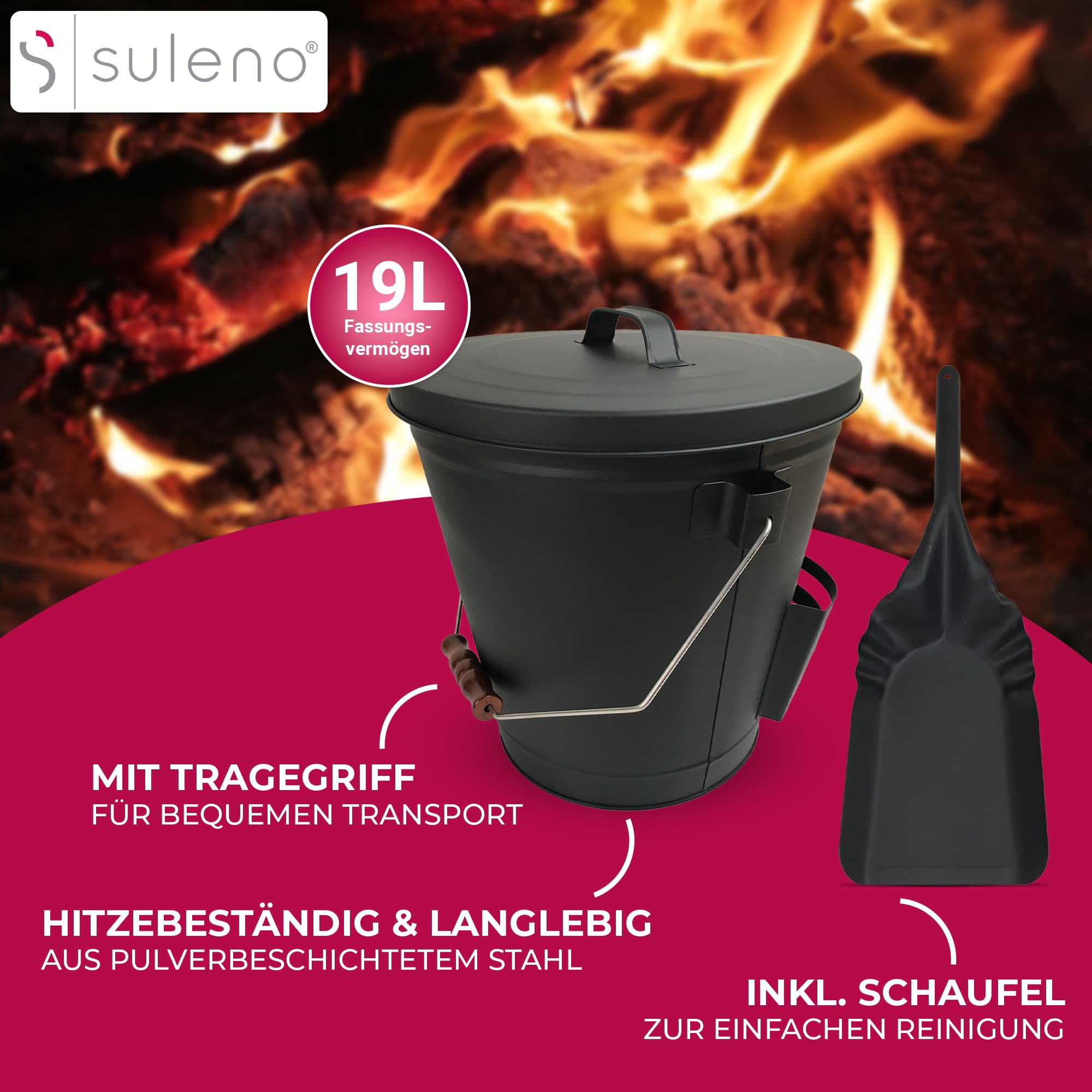 SULENO Ascheeimer Boston, 19L Kohleeimer, Inkl. Deckel, Schaufel &, Schwarz
