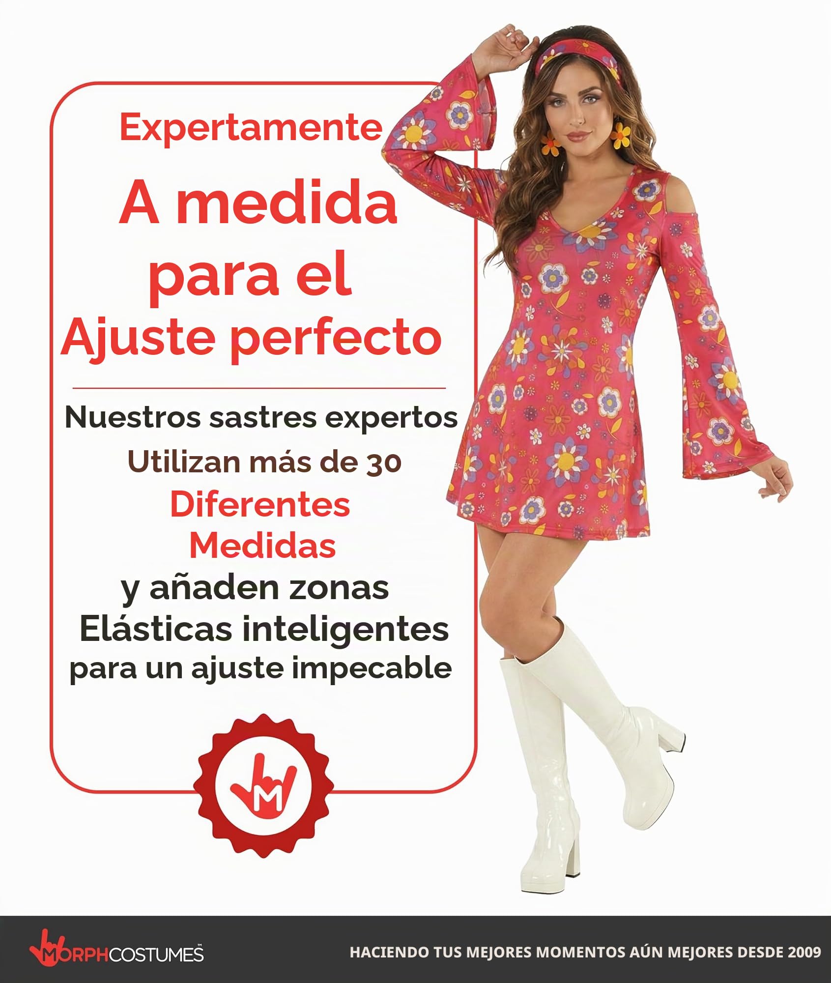 Morph Disfraz Hippie Mujer Adulto Vestido Floral Estampado Estilo Setenta Cinta Pelo Fiesta Carnaval Halloween